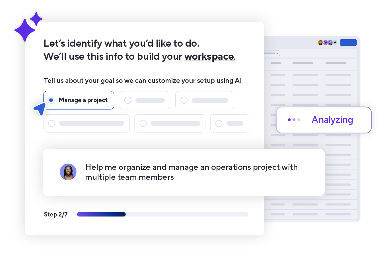 Illustration showing Smartsheet AI guiding new users through personalized project setup.