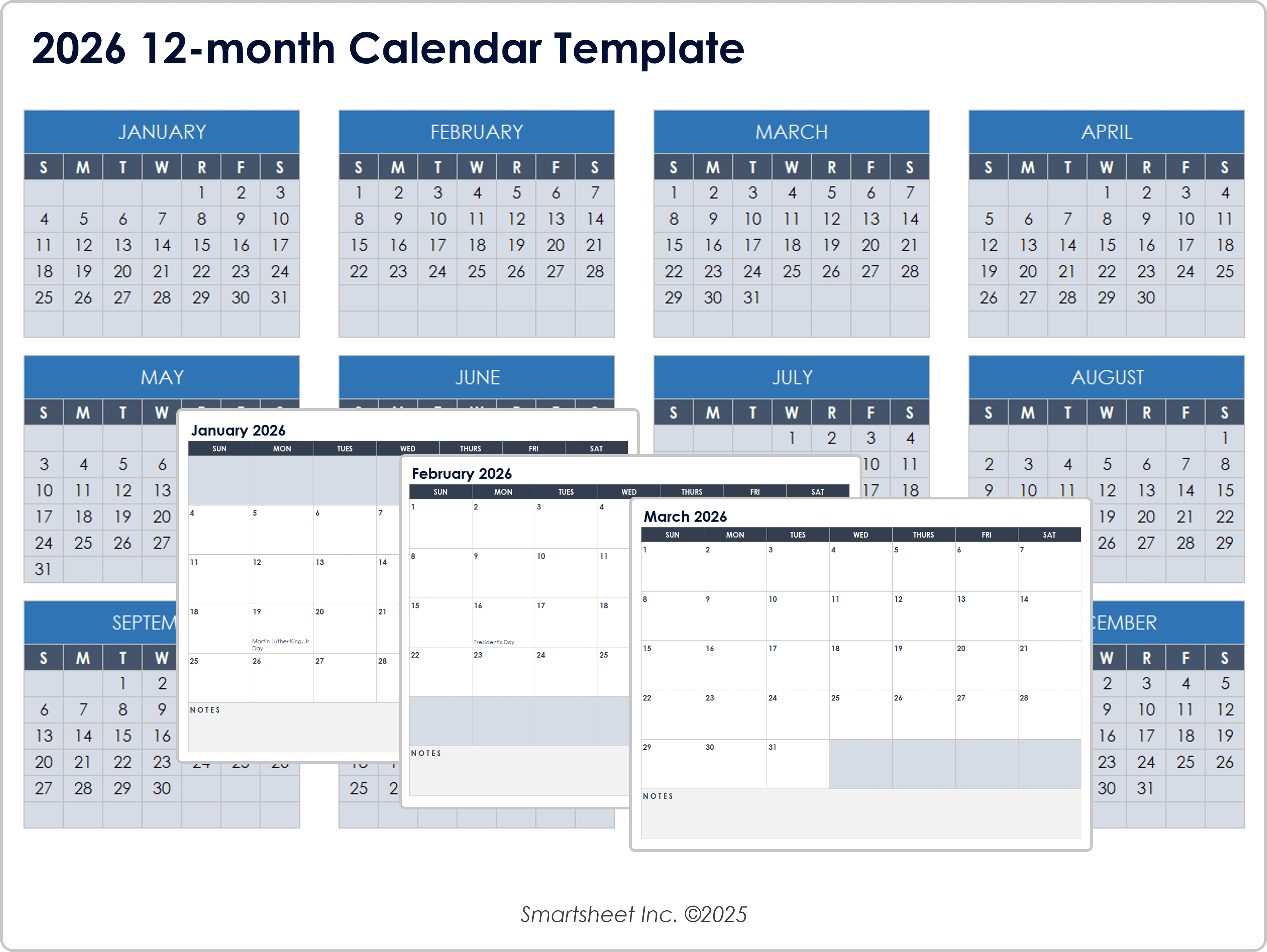 2026 12-Month Calendar Template