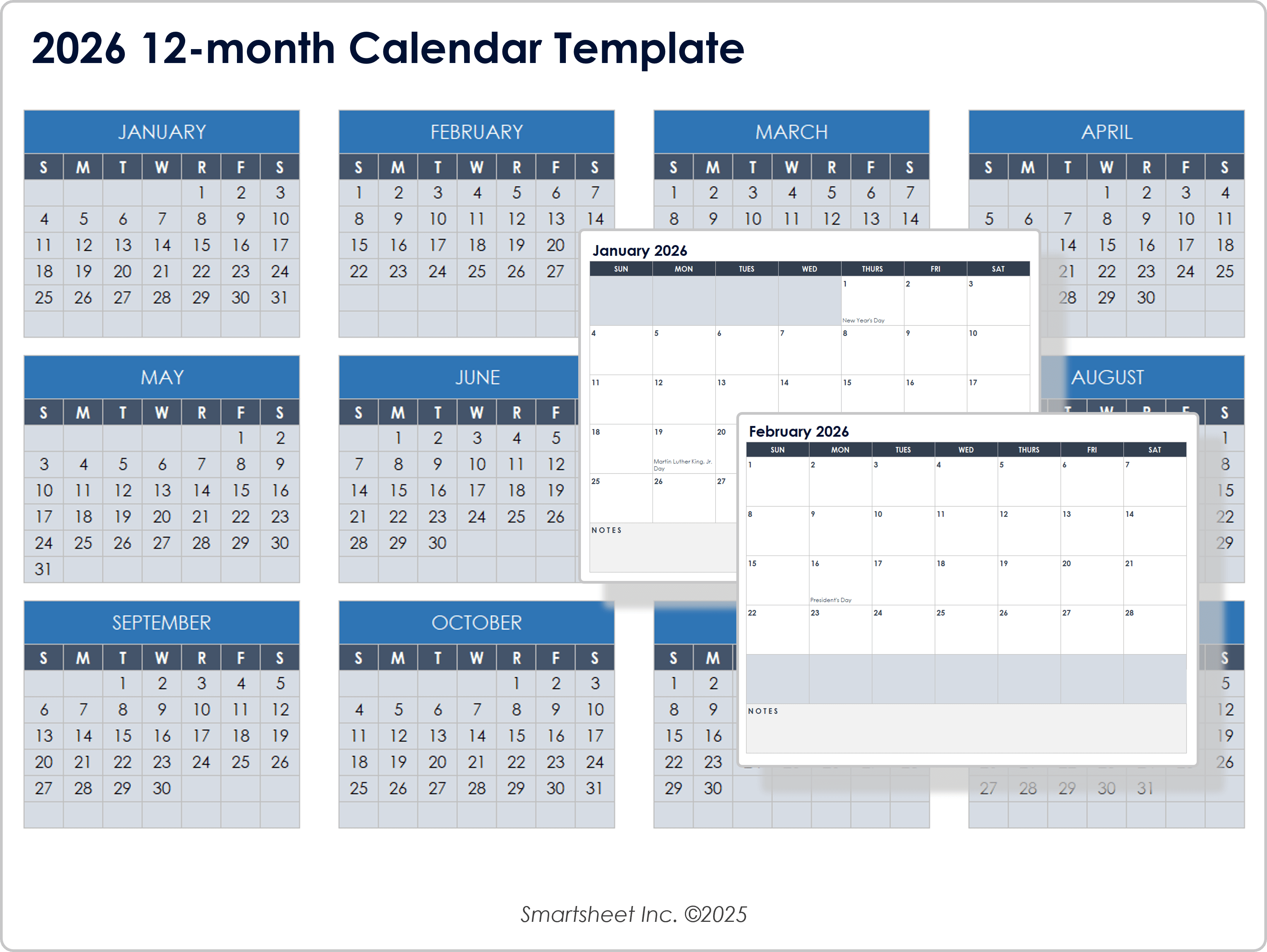 2026 12 Month Calendar Template