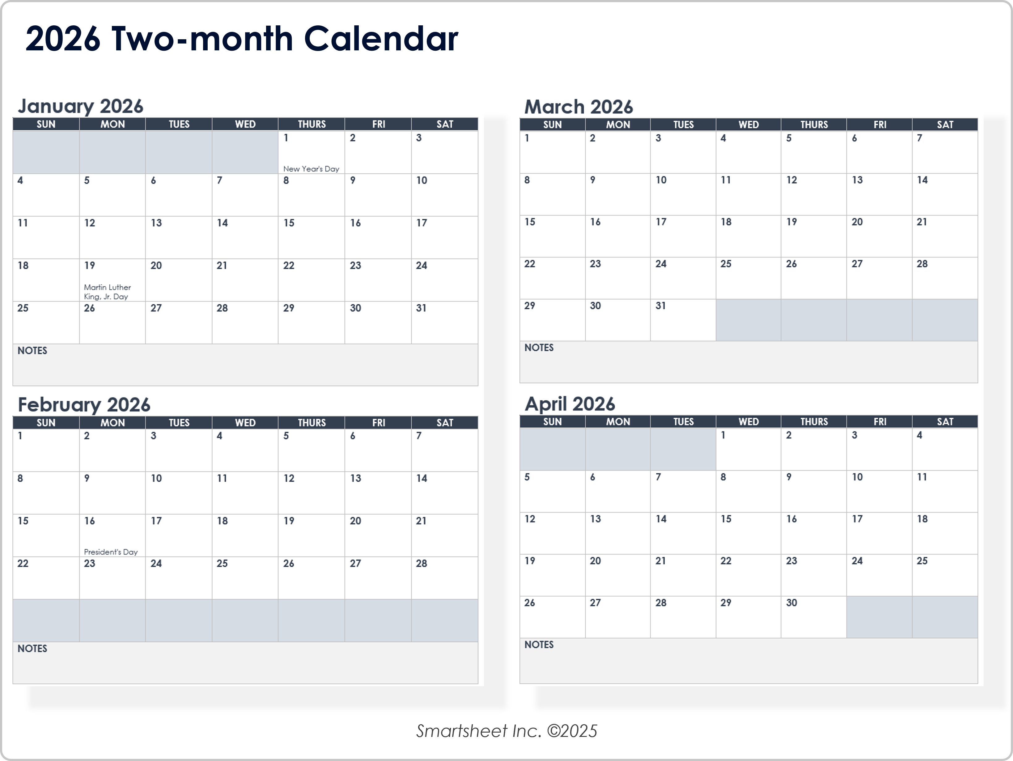 2026 2-Month Calendar