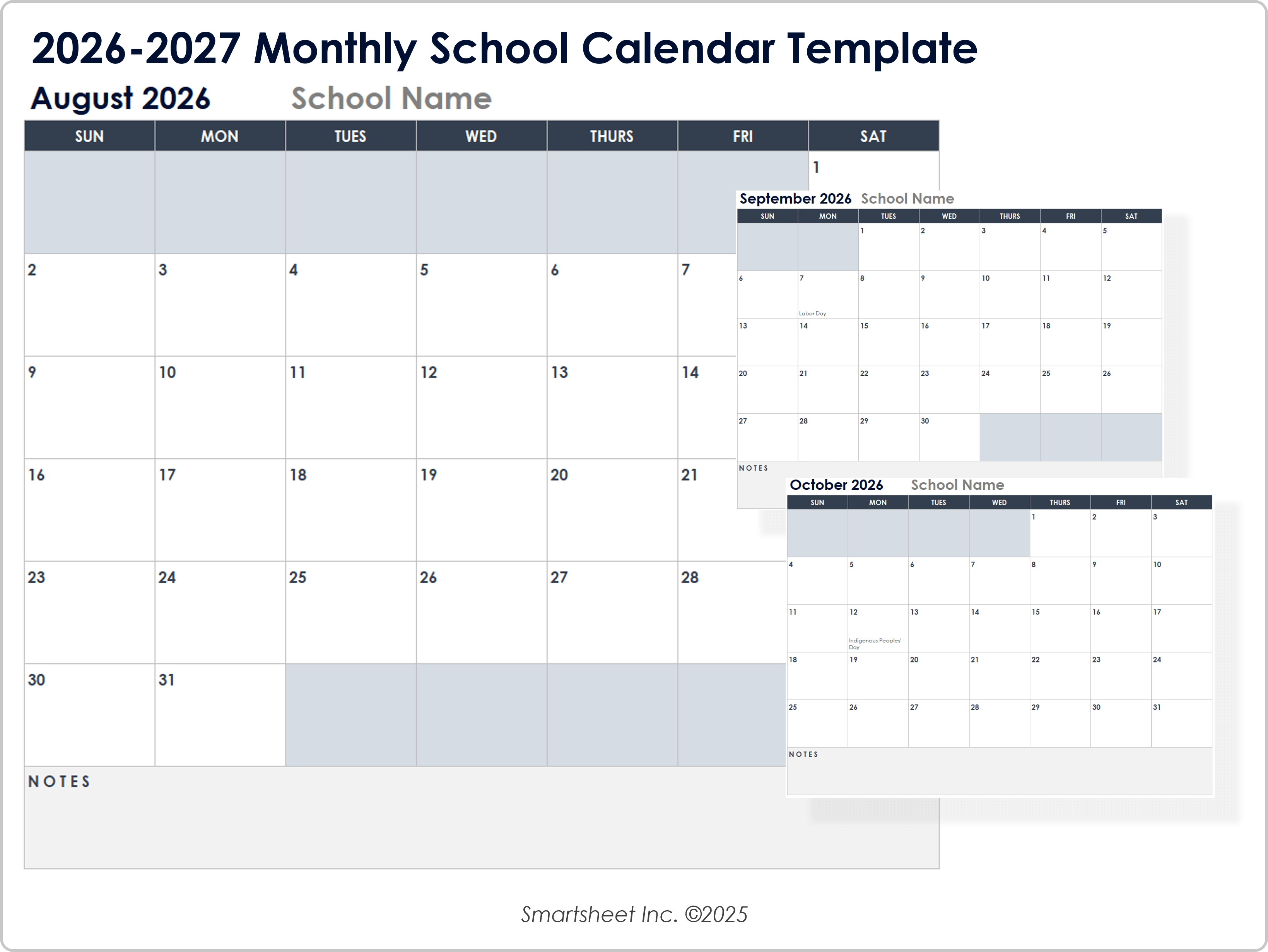 2026-2027 Monthly School Calendar Template