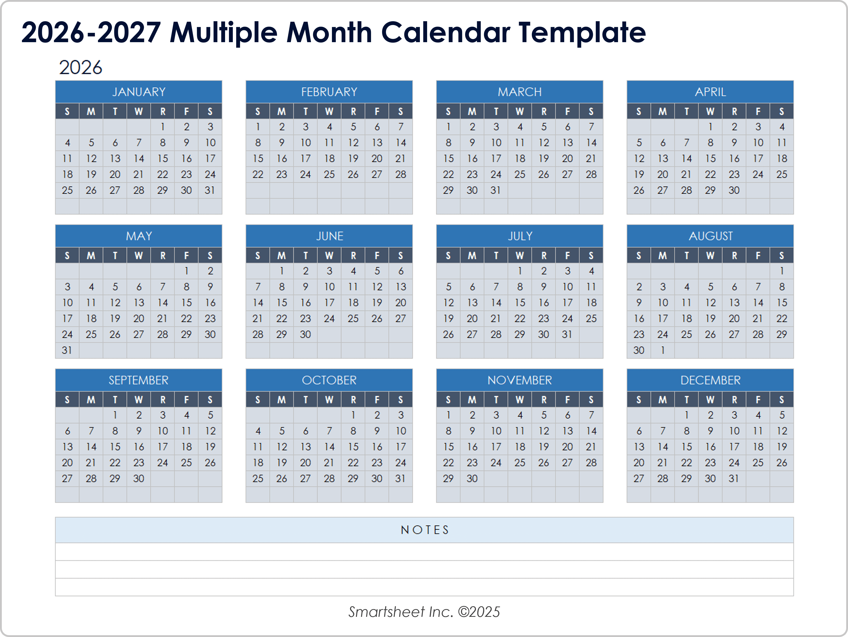 2026-2027 Multiple Month Calendar Template