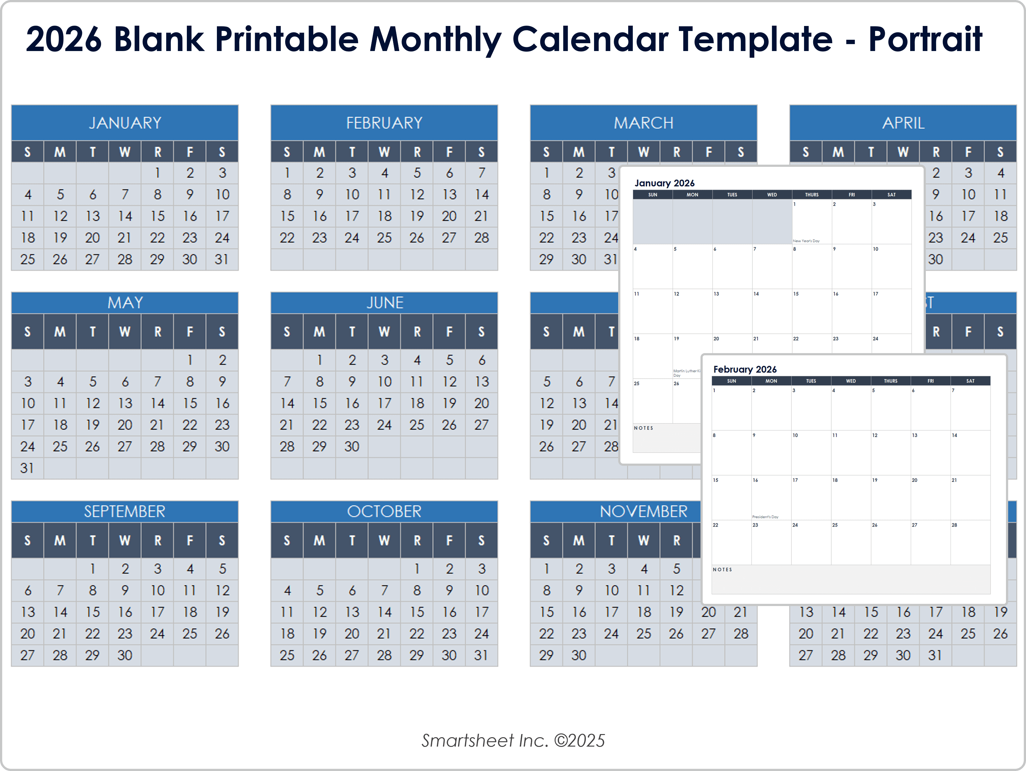 2026 Blank Printable Monthly Calendar Portrait