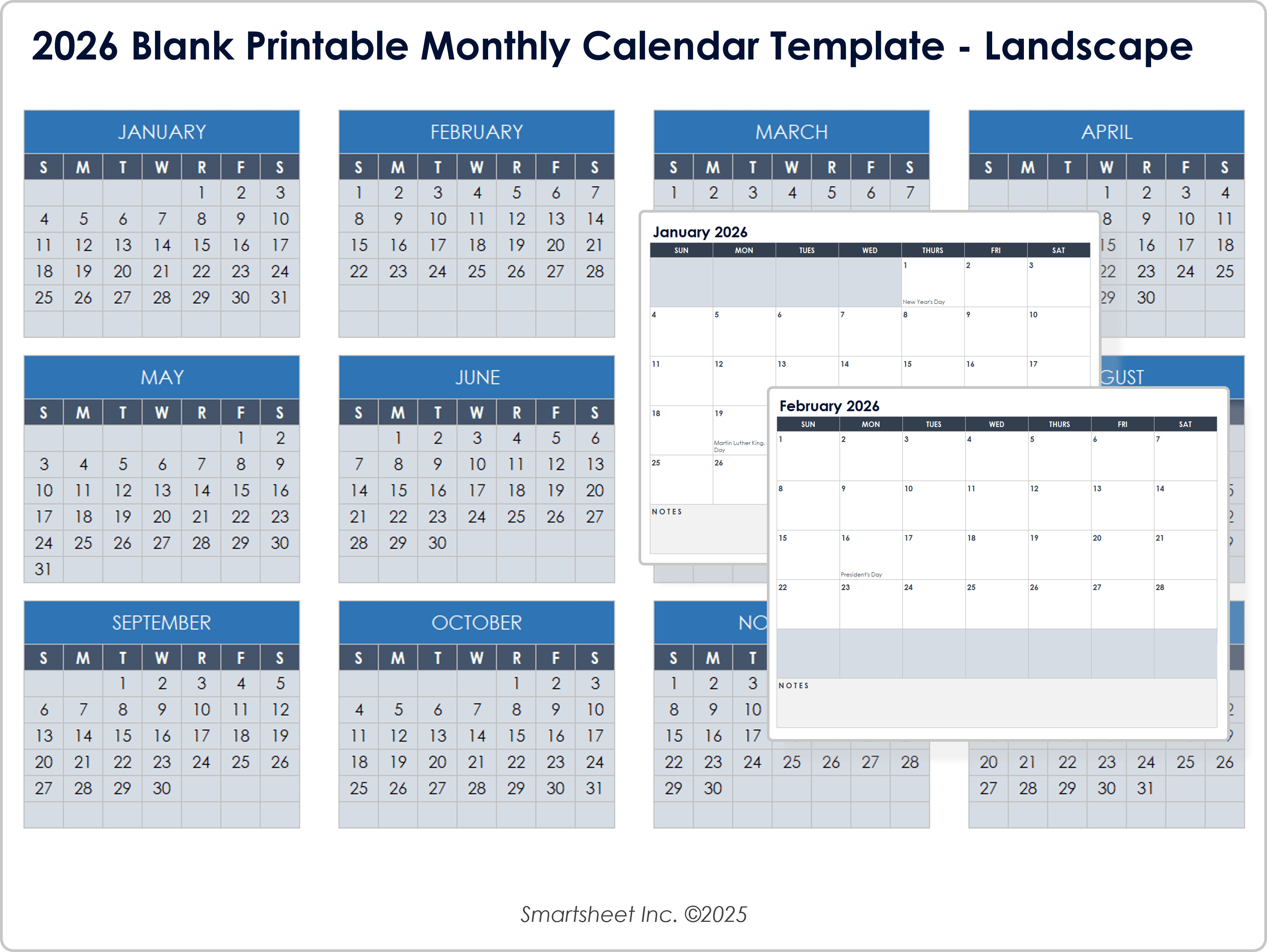 2026 Blank Printable Monthly Calendar Template Landscape
