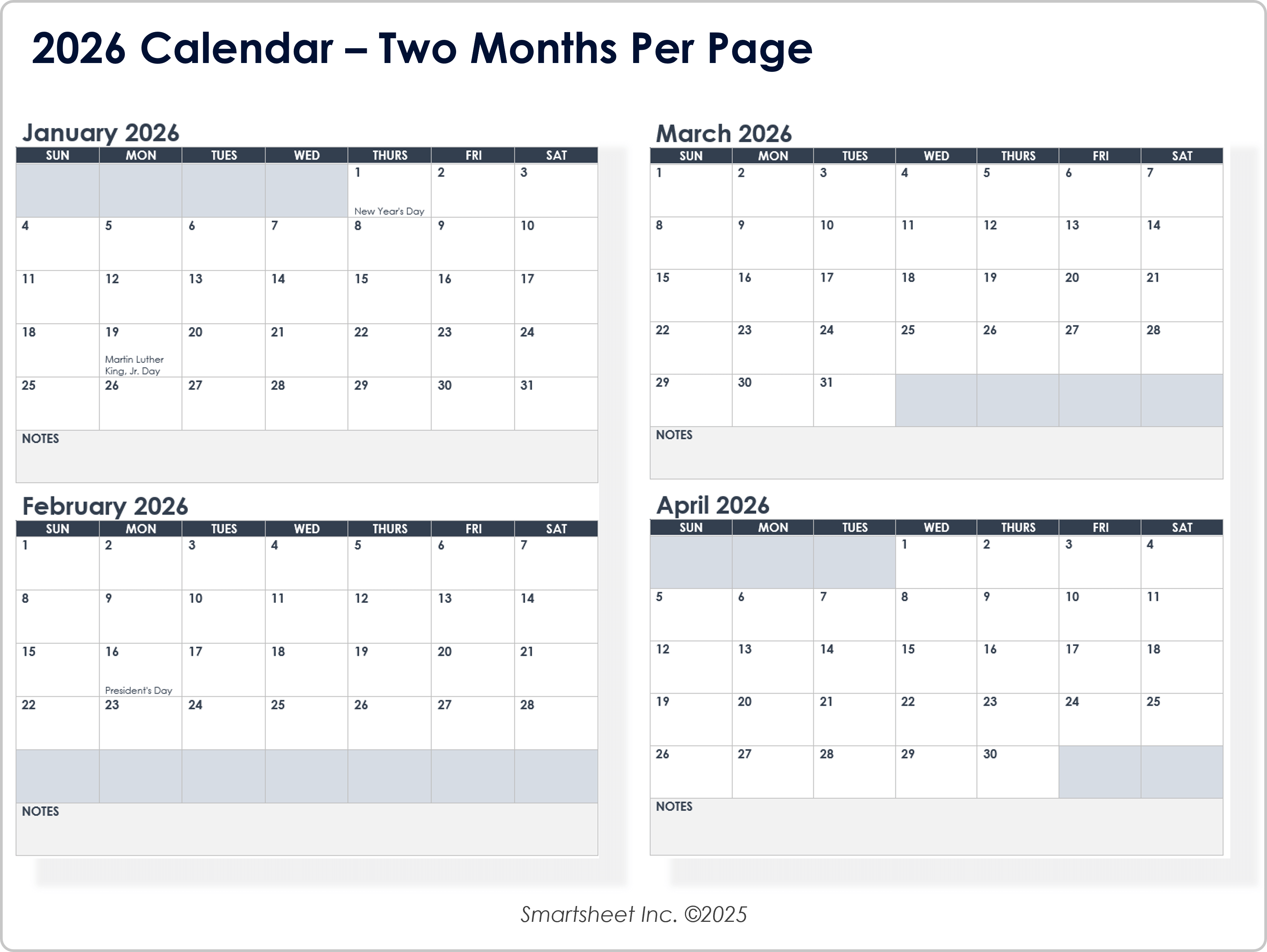2026 Calendar Two Months Per Page