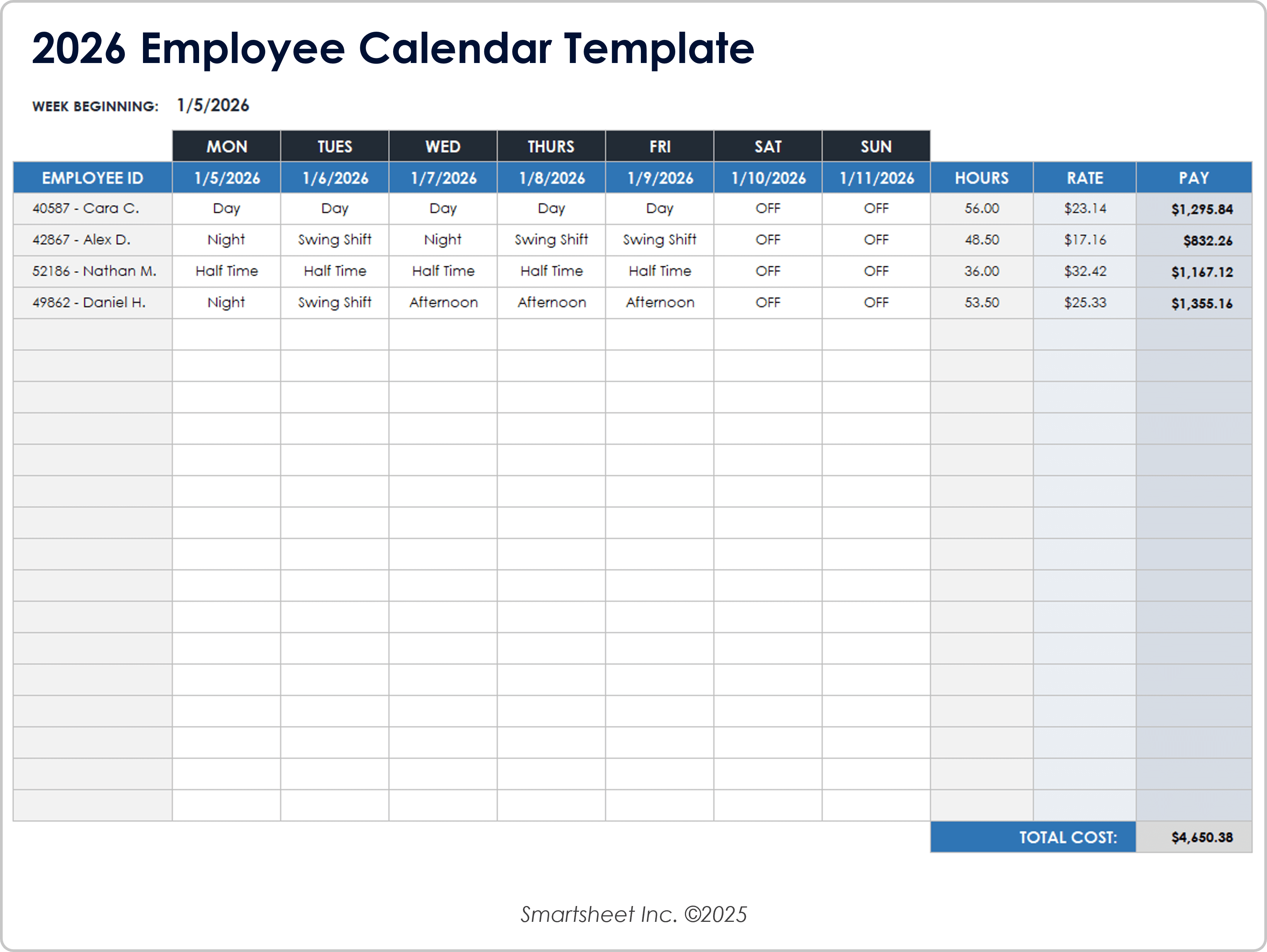 2026 Employee Calendar Template
