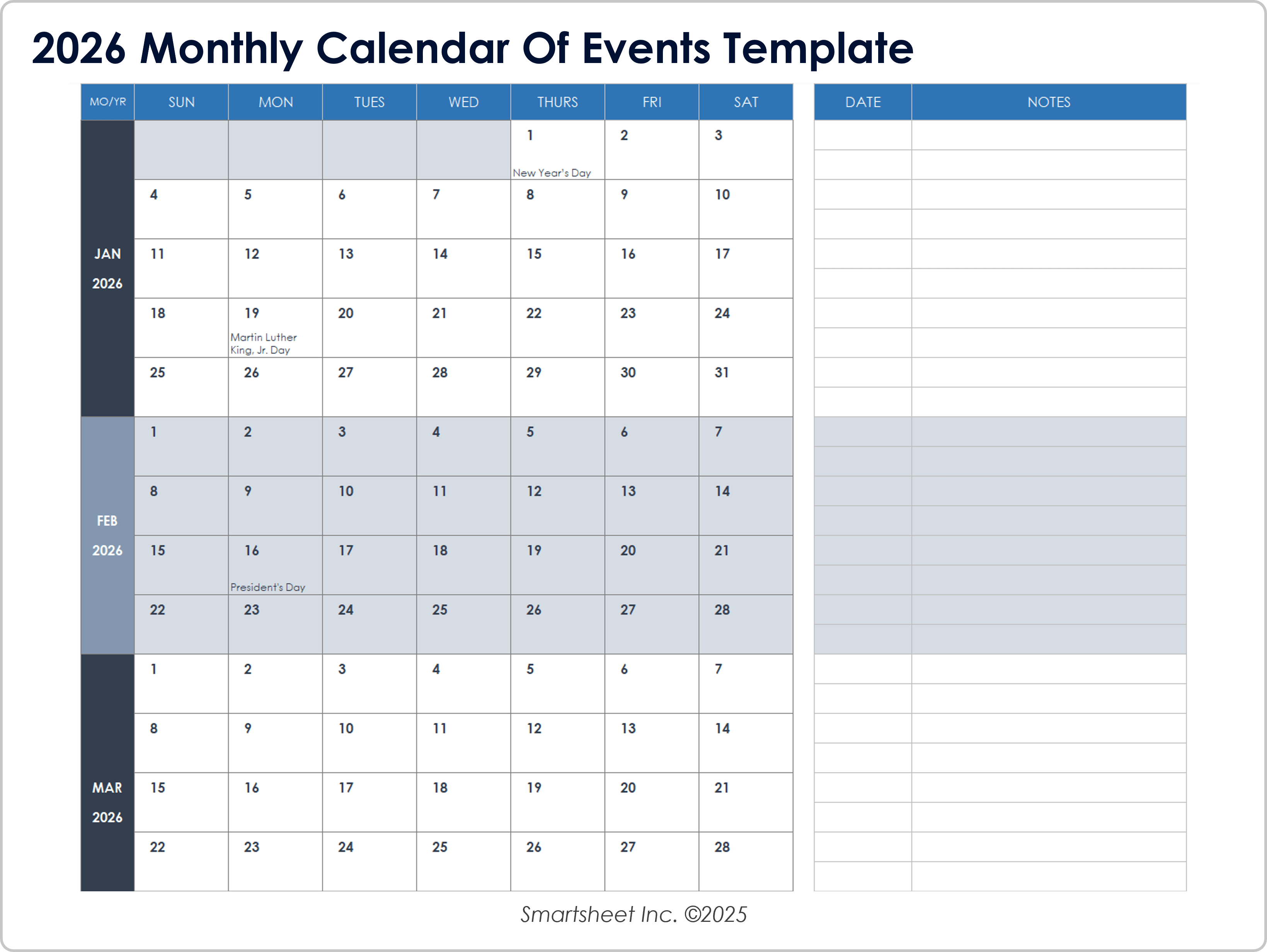 2026 Monthly Calendar of Events Template