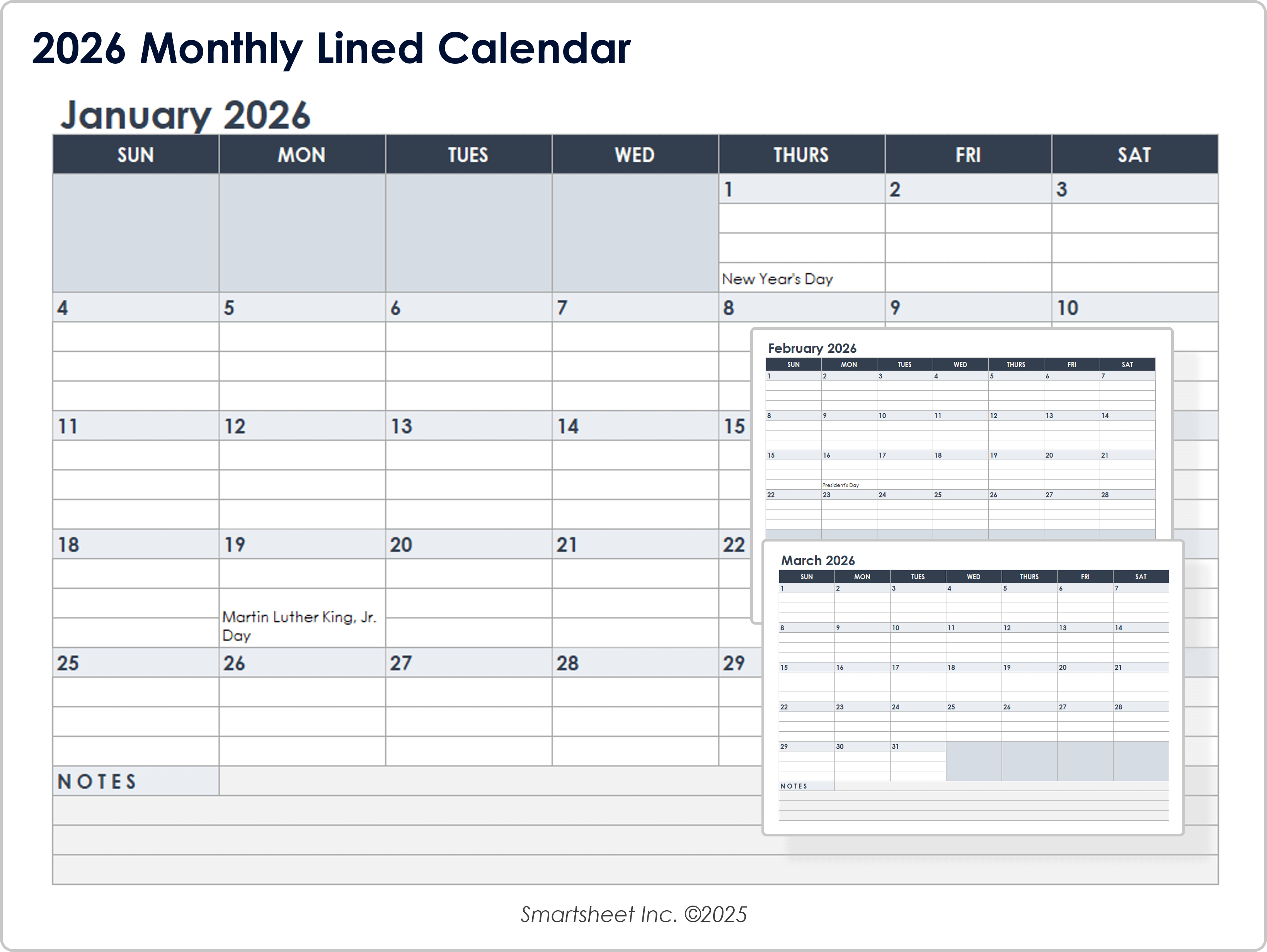 2026 Monthly Lined Calendar