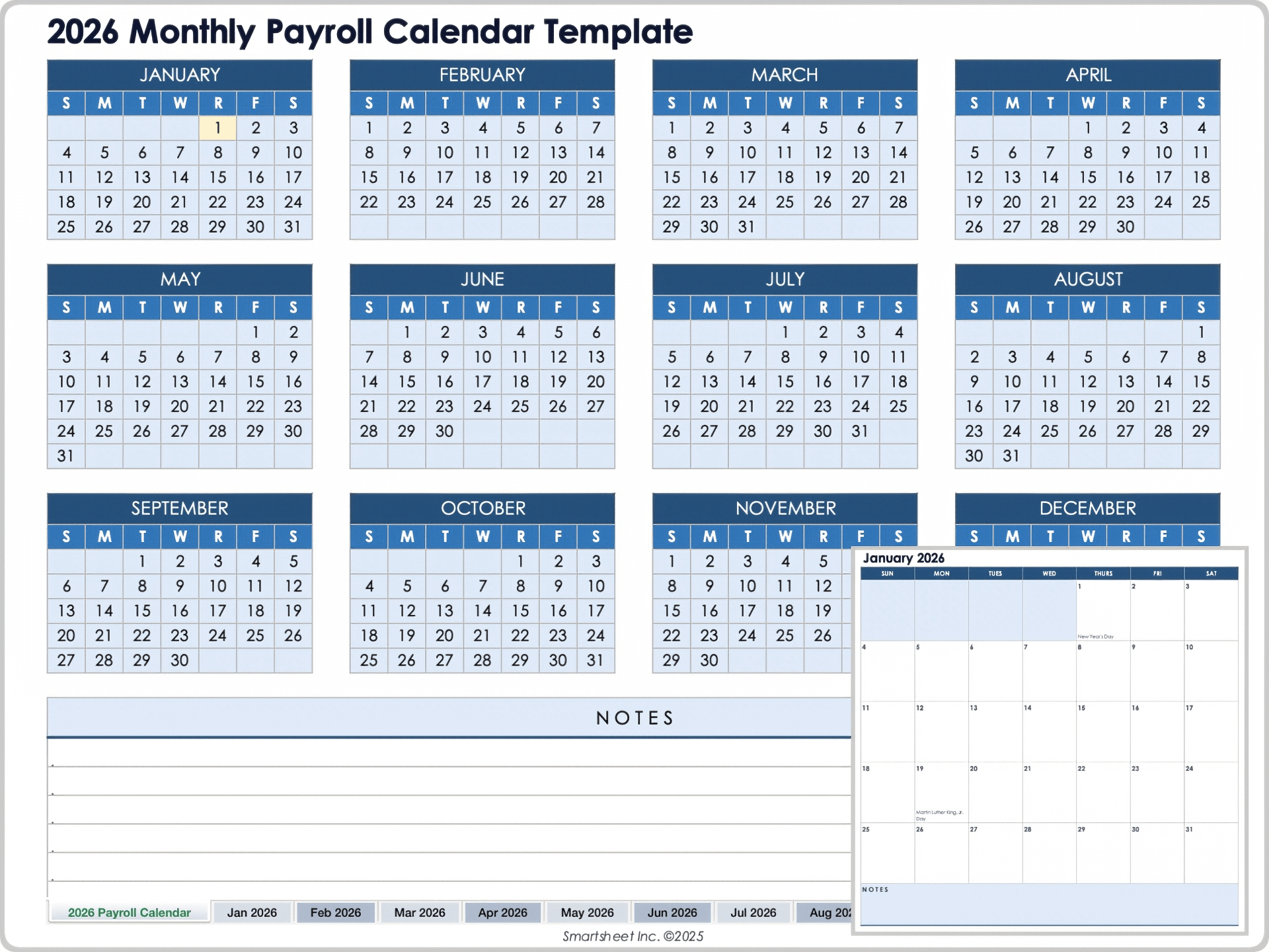 2026 Monthly Payroll Calendar Template