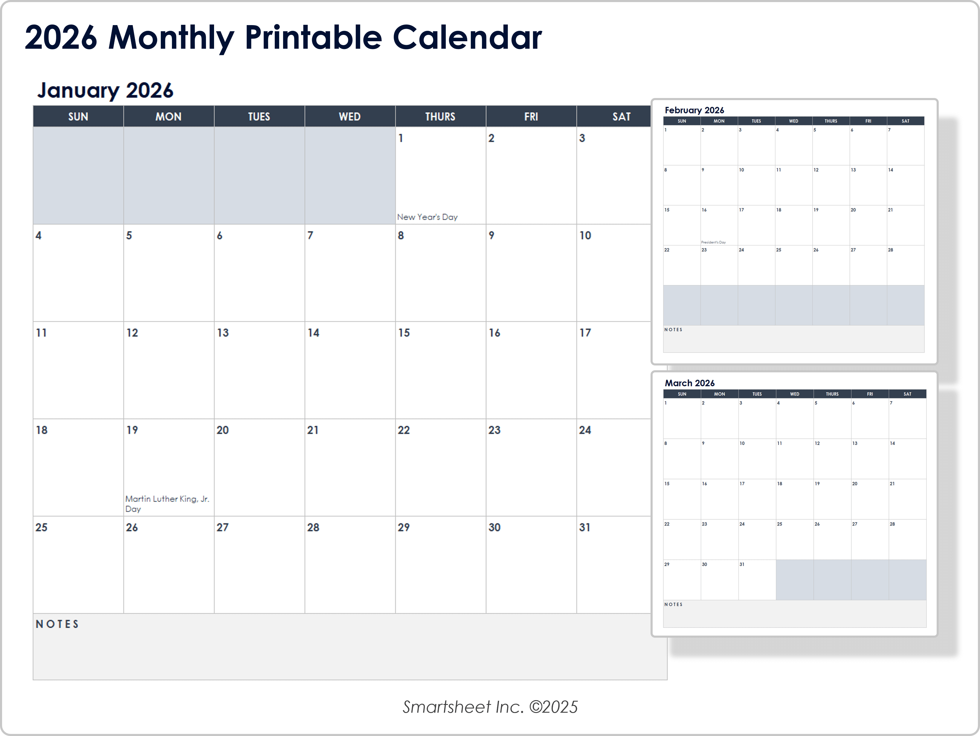 2026 Monthly Printable Calendar