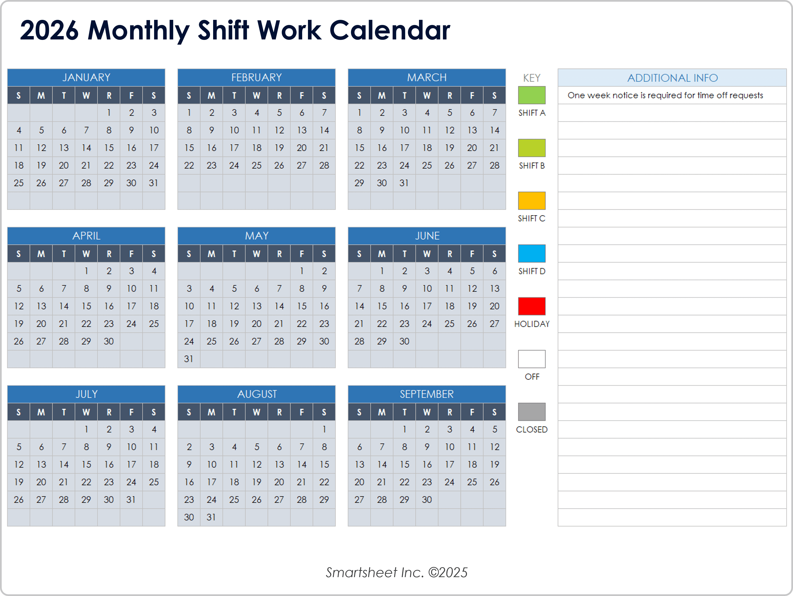 2026 Monthly Shift Work Calendar
