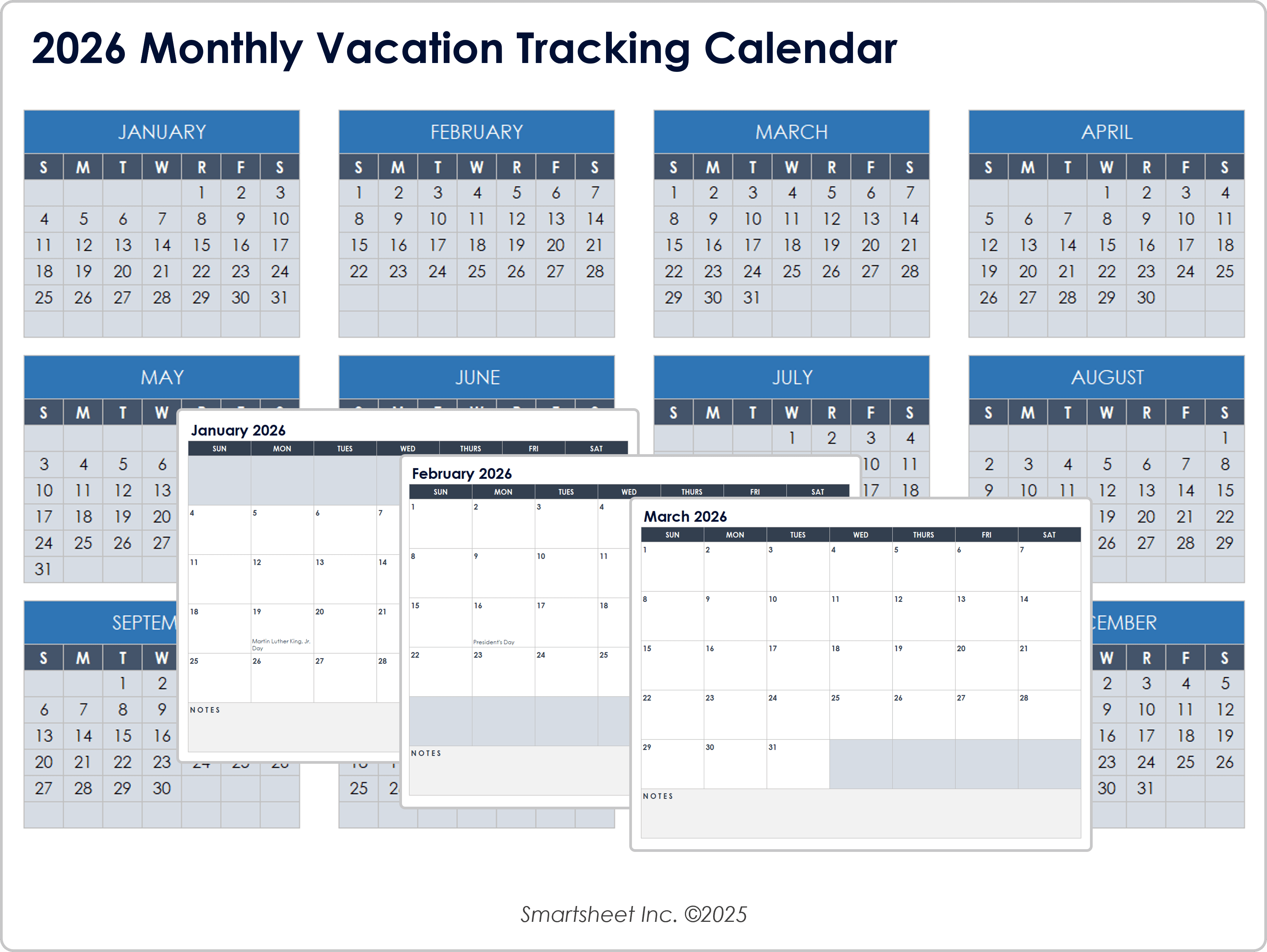 2026 Monthly Vacation Tracking Calendar
