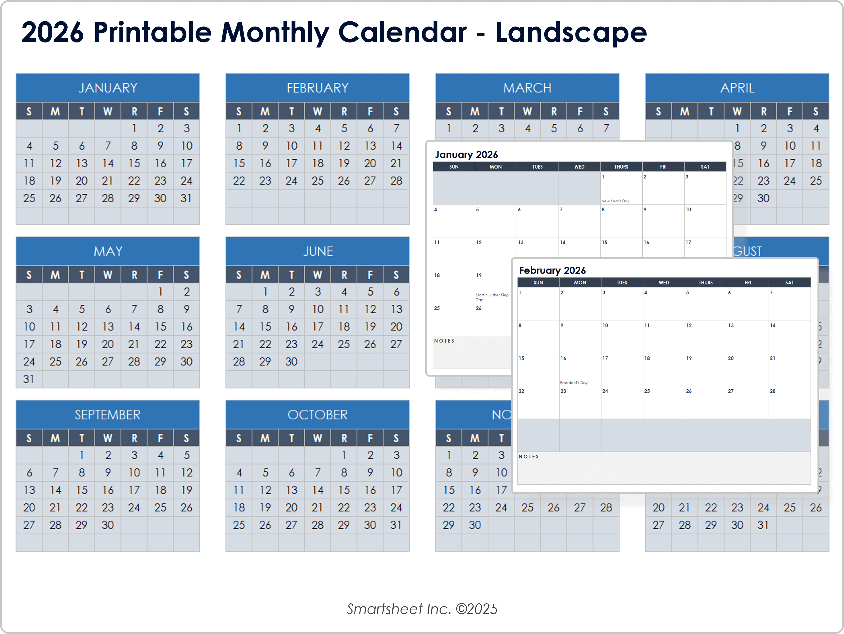 2026 Printable Monthly Calendar Landscape