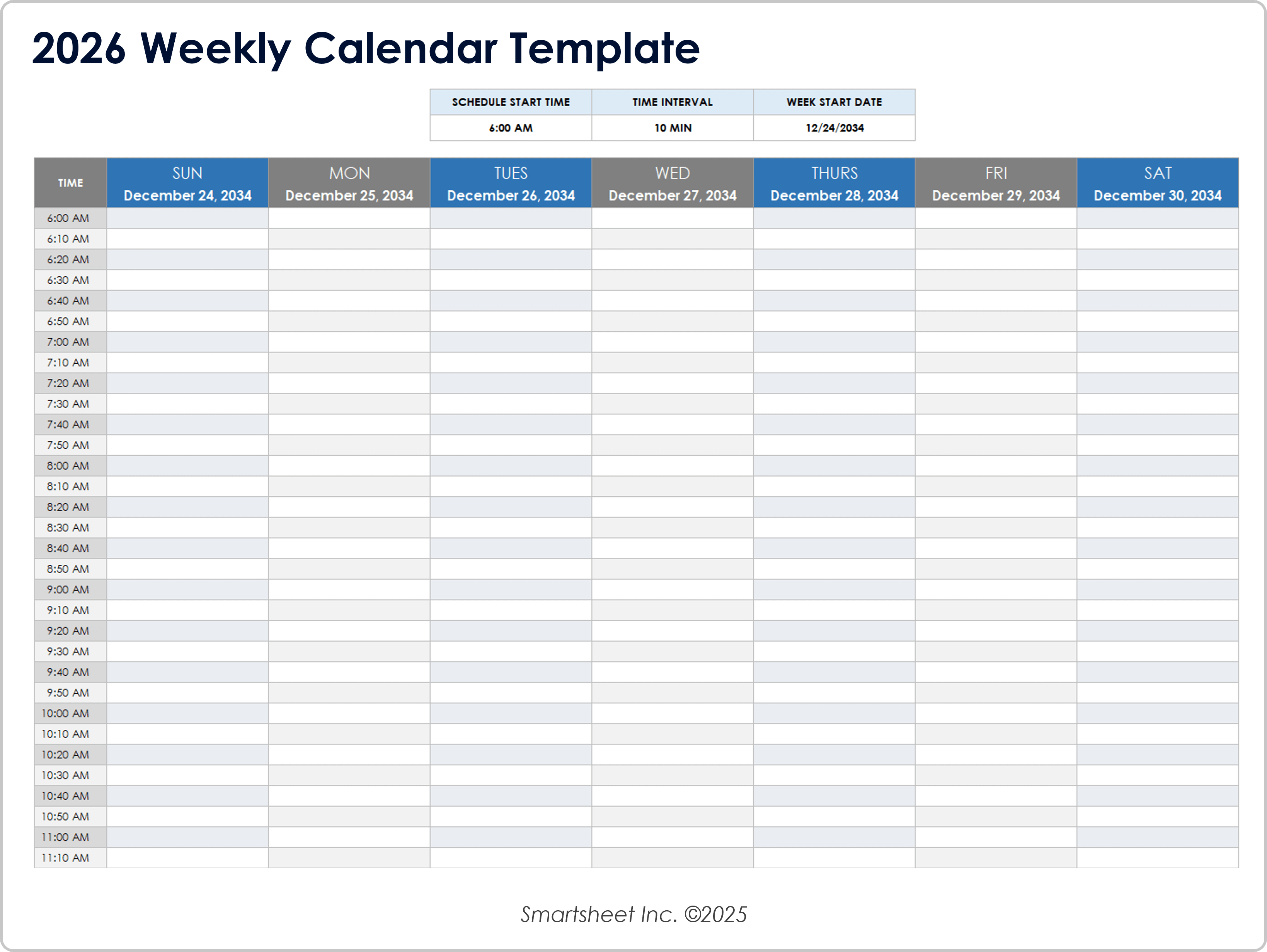 2026 Weekly Calendar Template