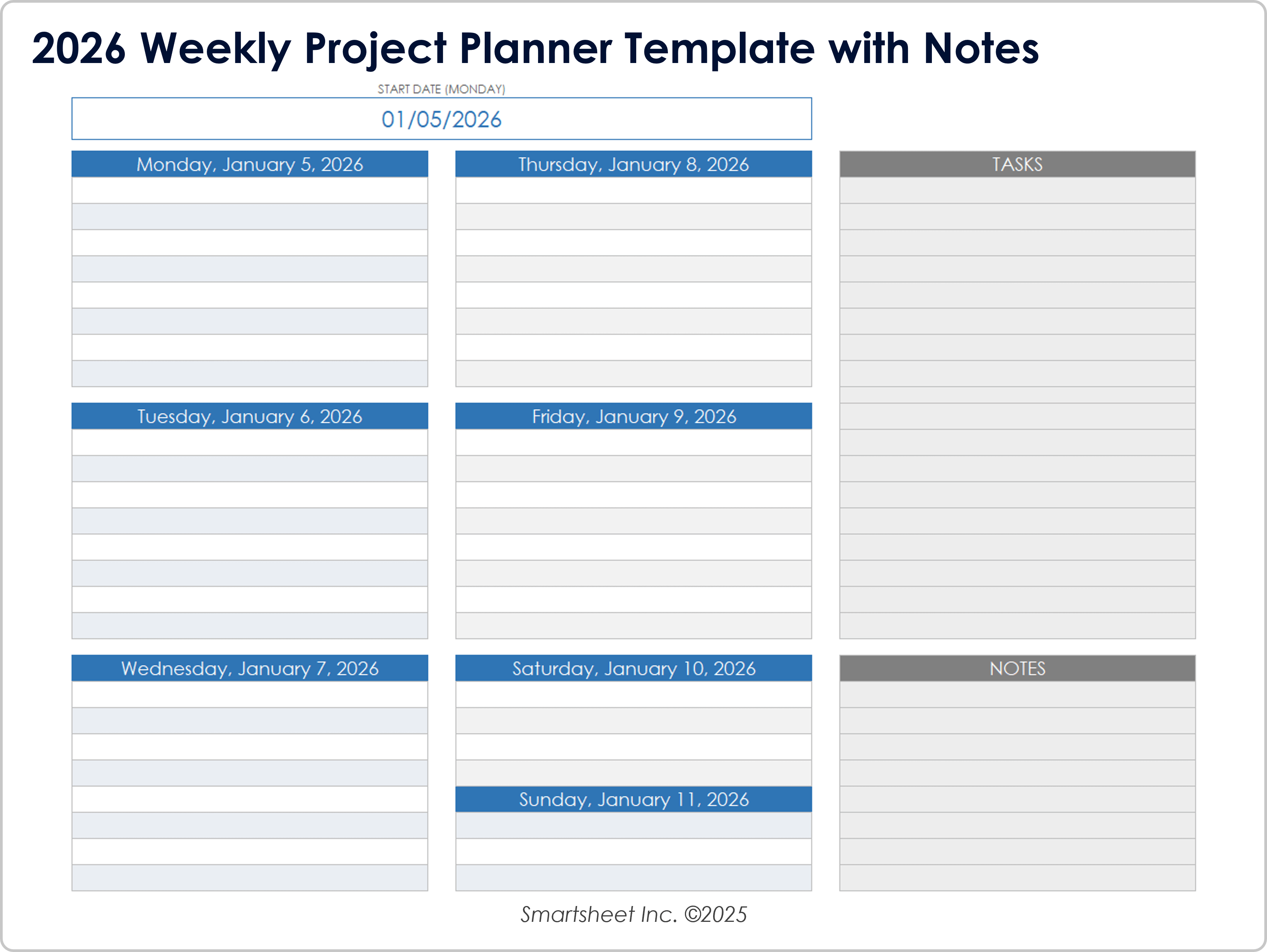 2026 Weekly Project Planner Template with Notes