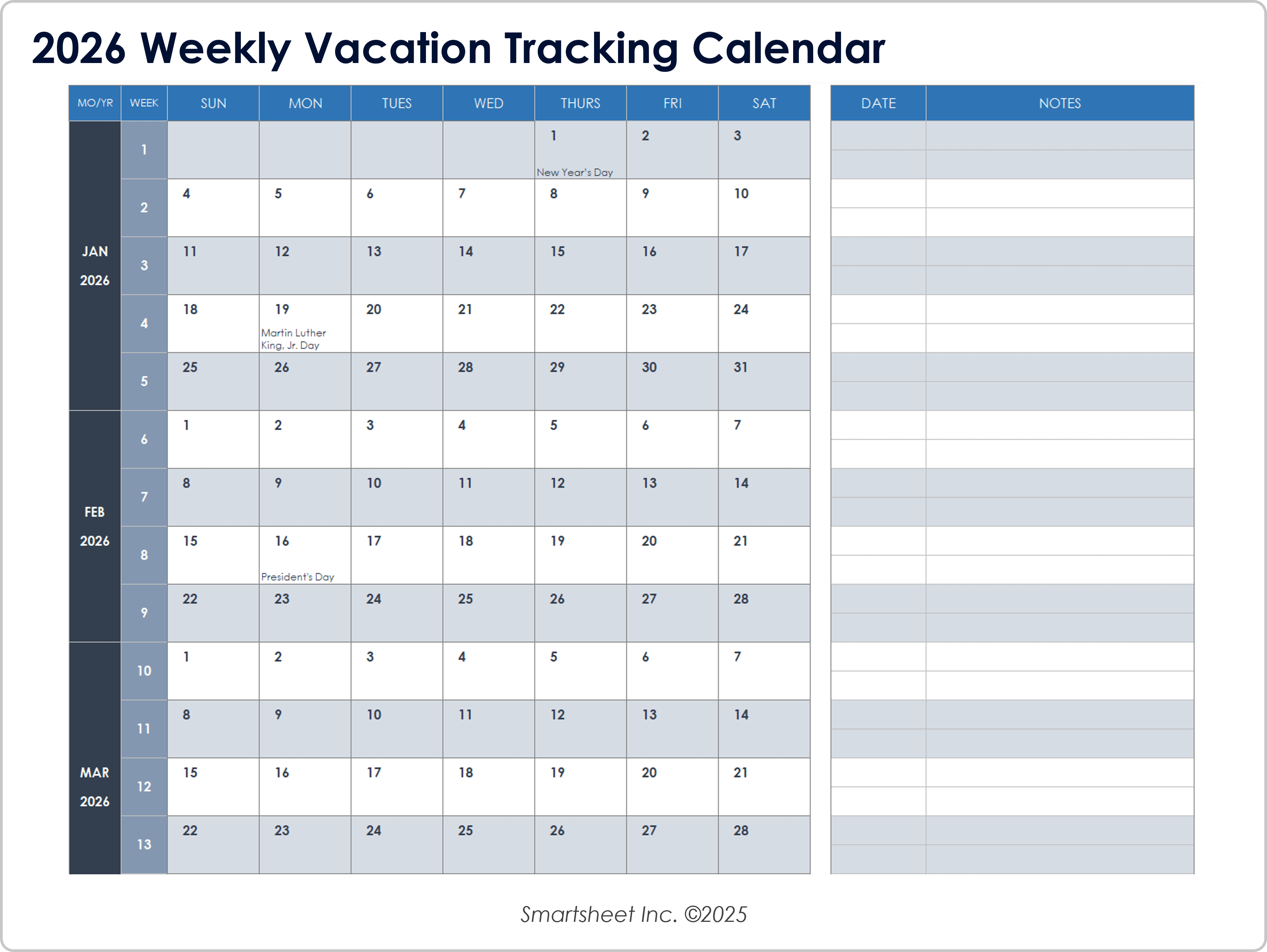 2026 Weekly Vacation Tracking Calendar