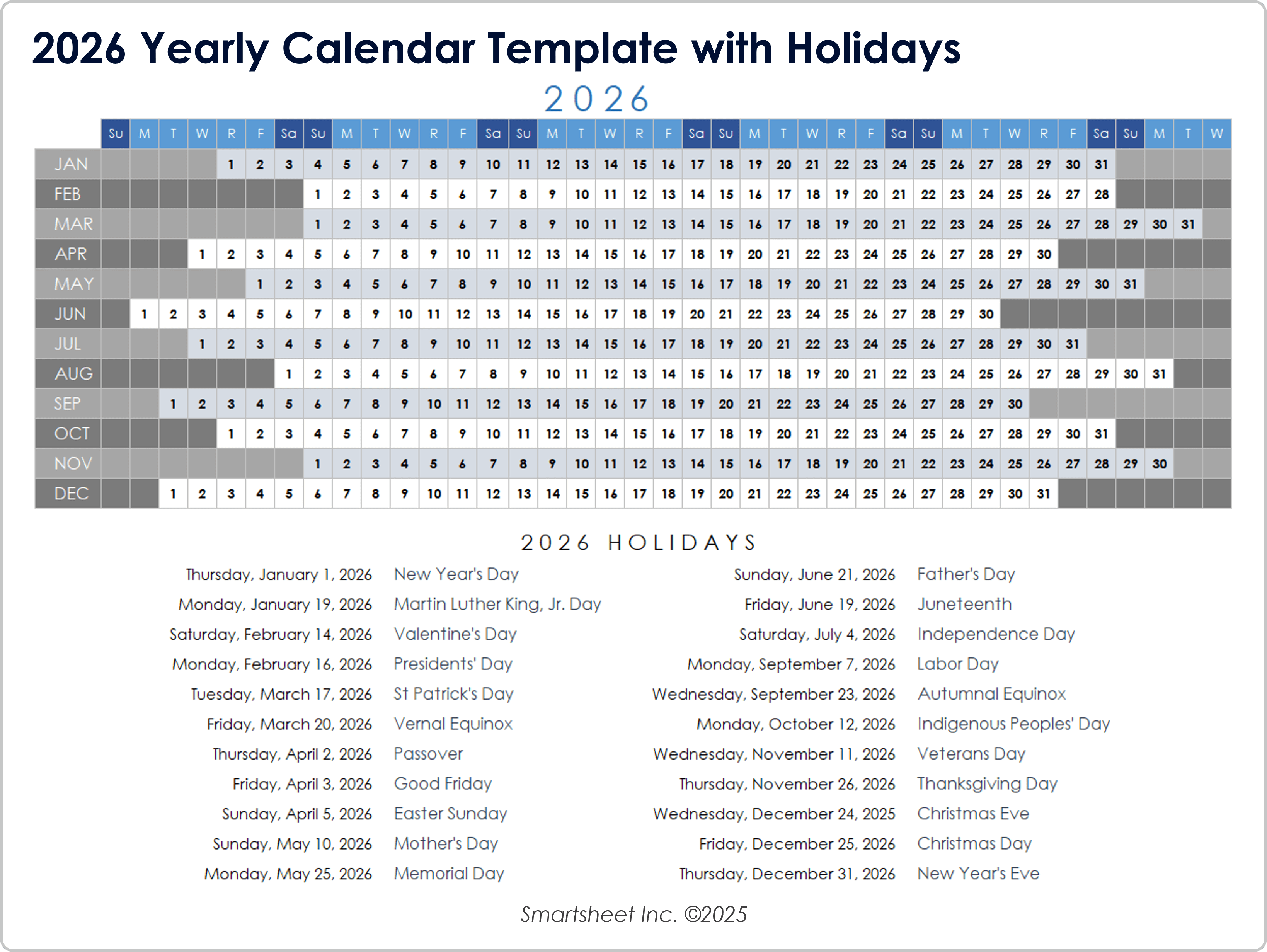 2026 Yearly Calendar Template with Holidays