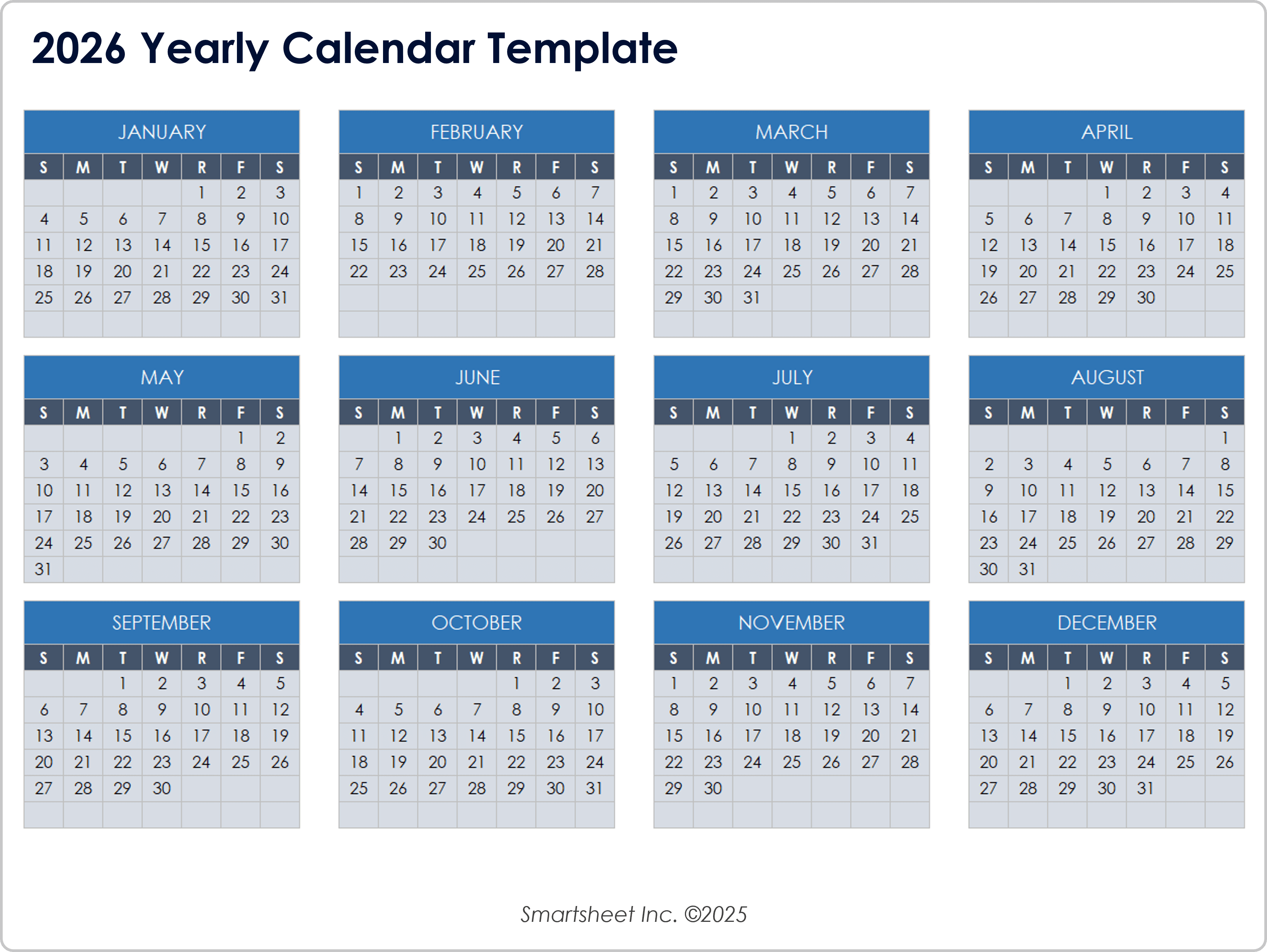 2026 Yearly Calendar Template