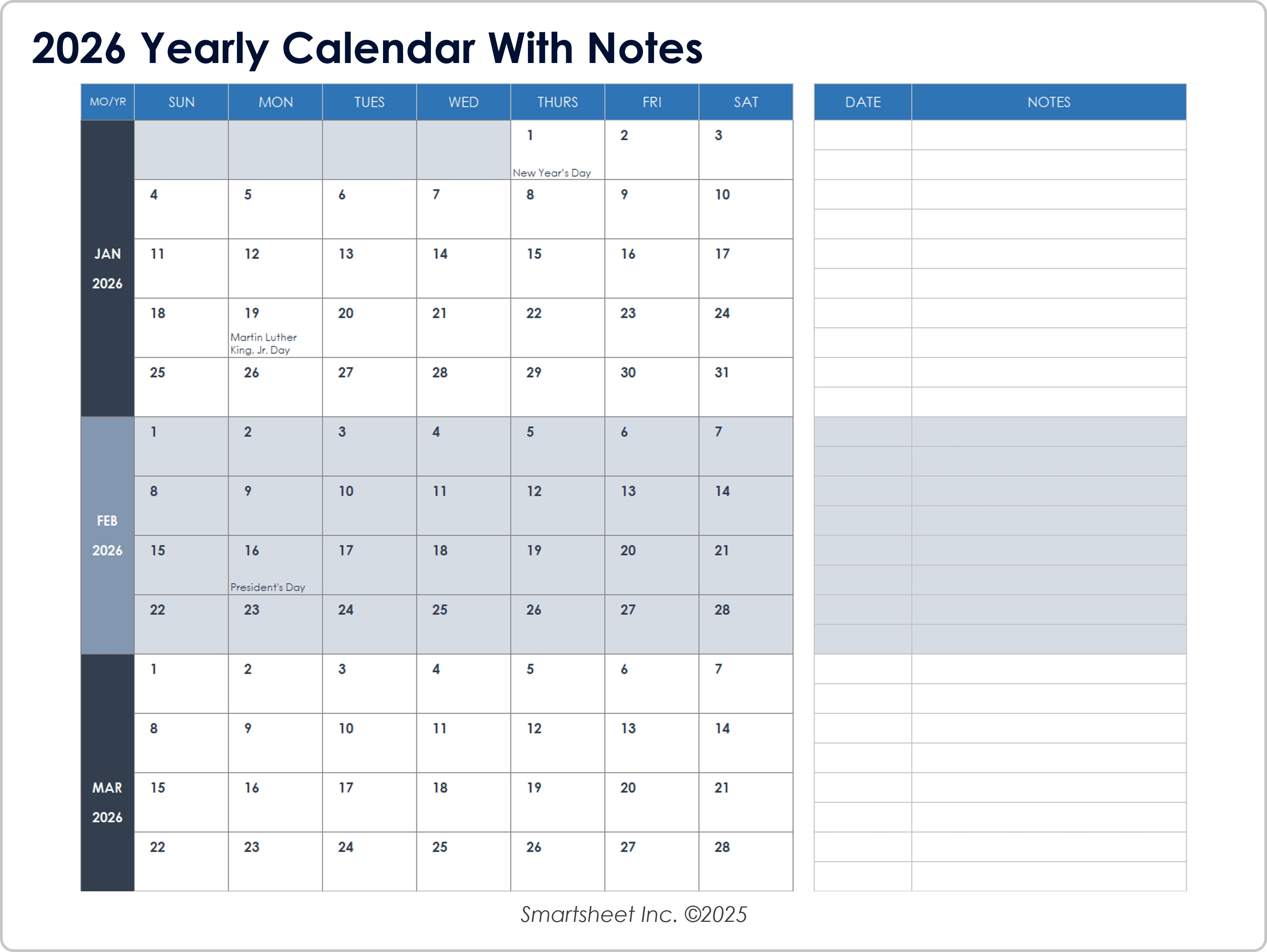 2026 Yearly Calendar with Notes