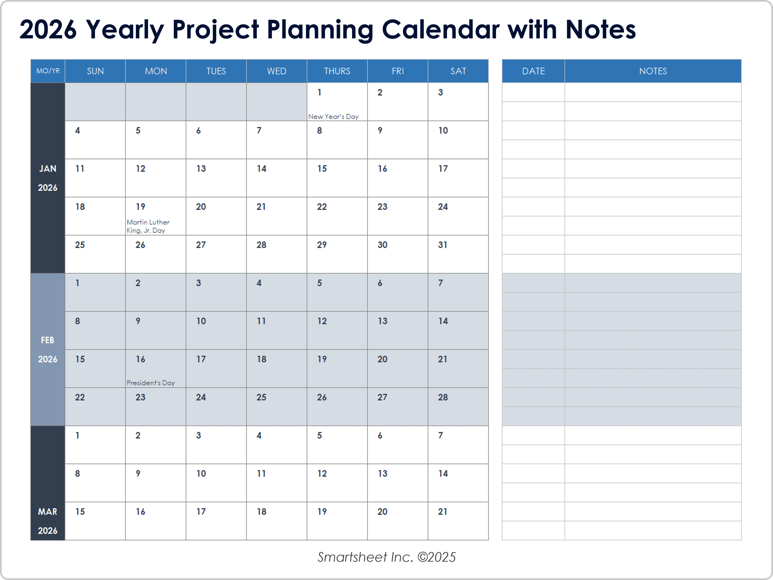 2026 Yearly Project Planning Calendar with Notes