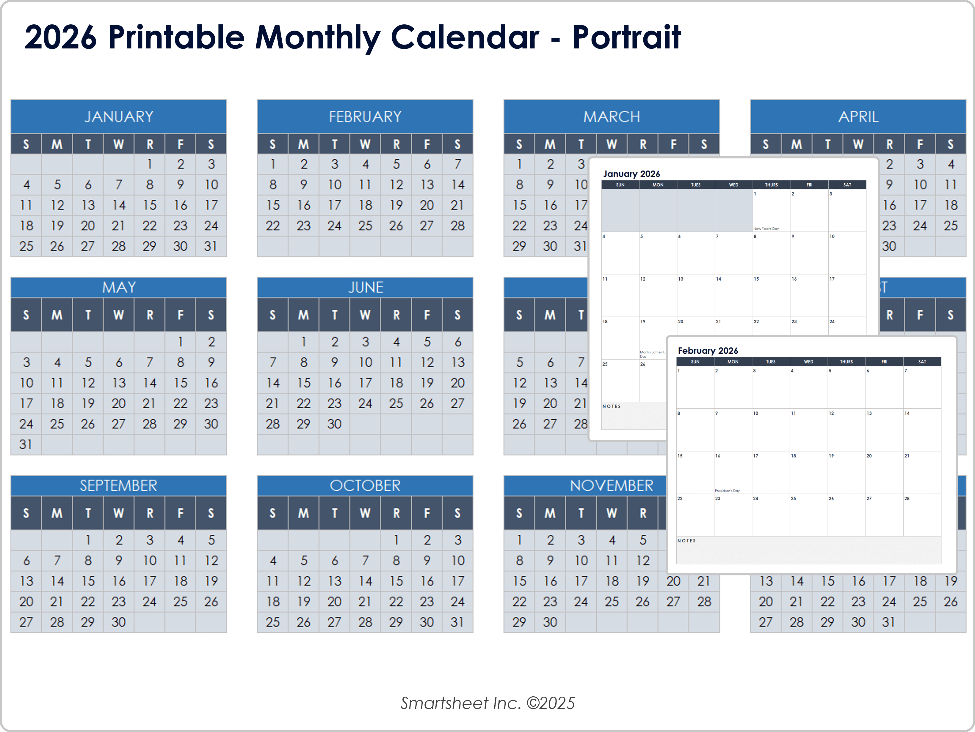 2026 Printable Monthly Calendar Portrait