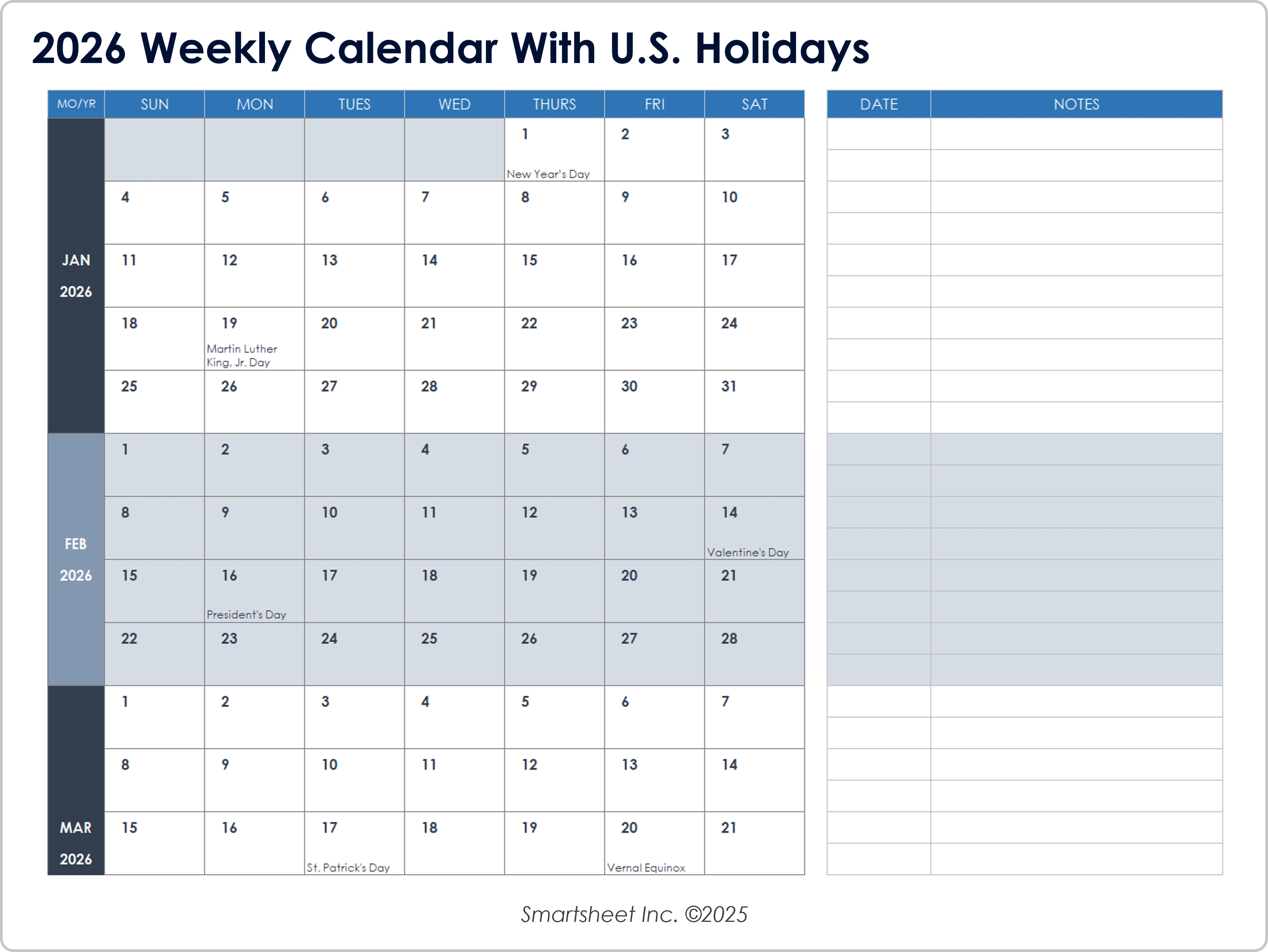 2026 Weekly Calendar with US Holidays