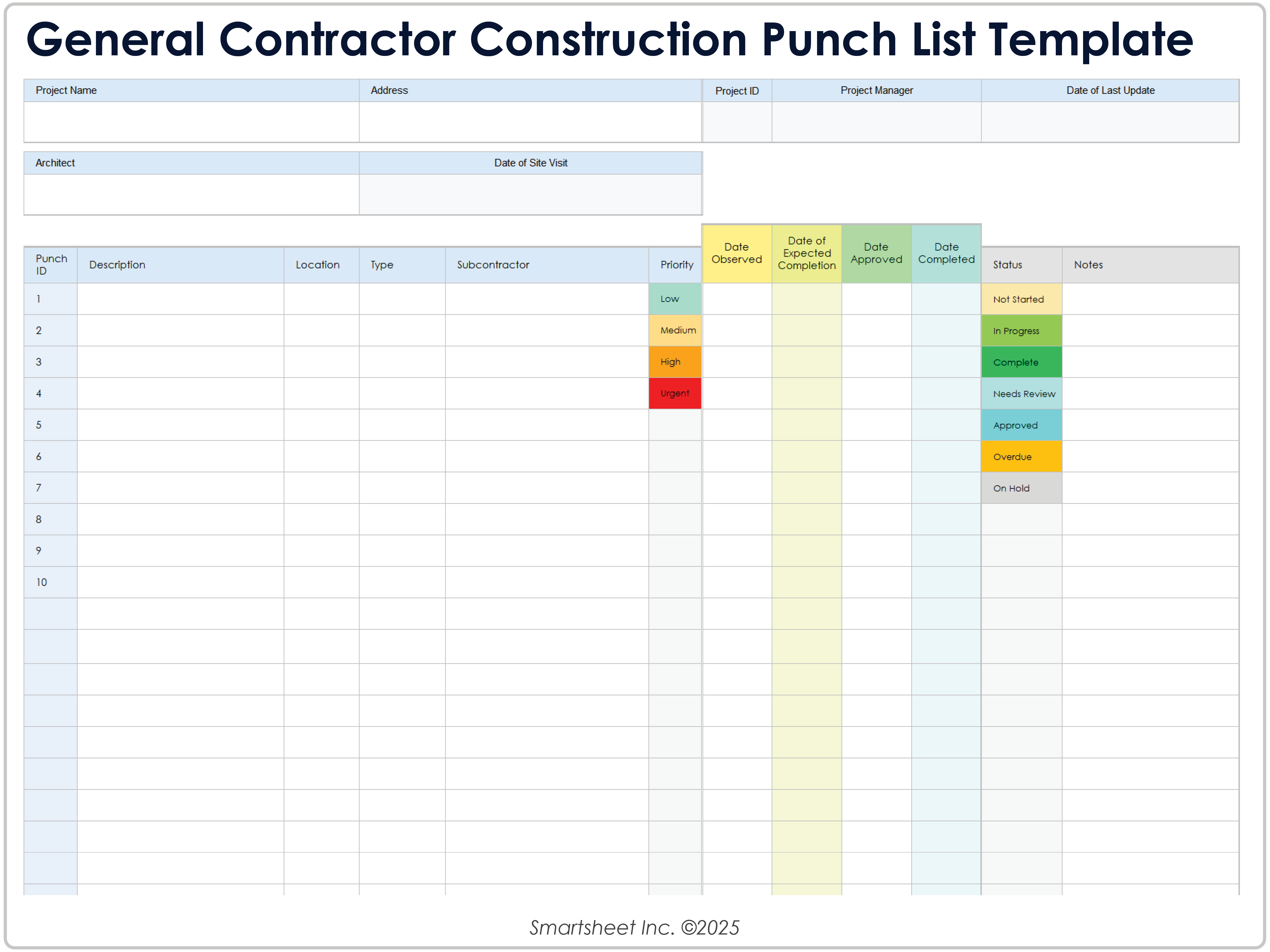 General Contractor Construction Punch List Template