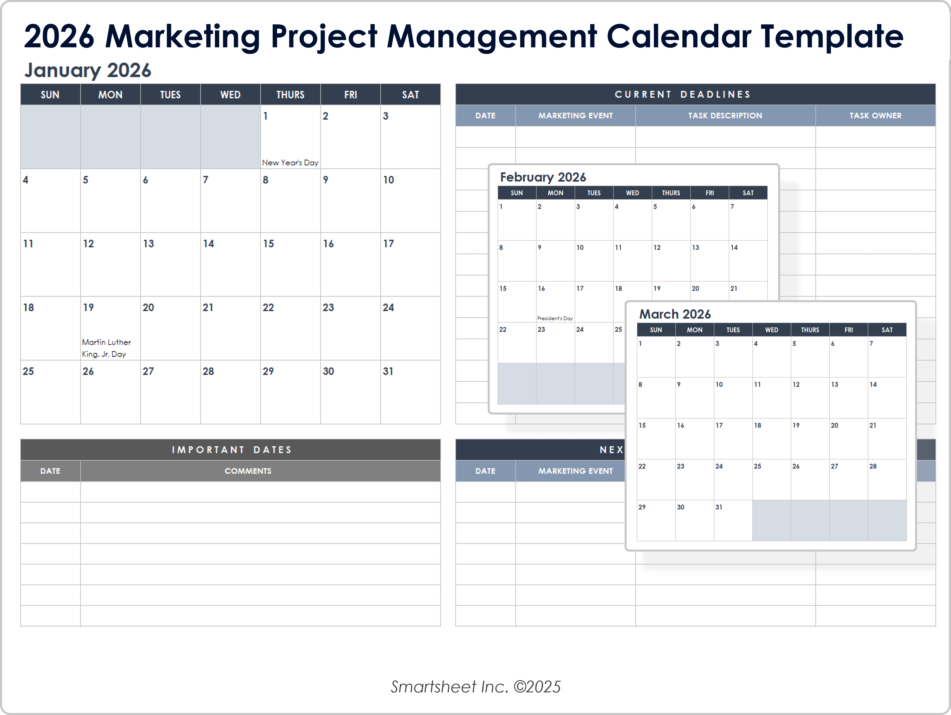 Marketing Project Management Calendar Template 2026