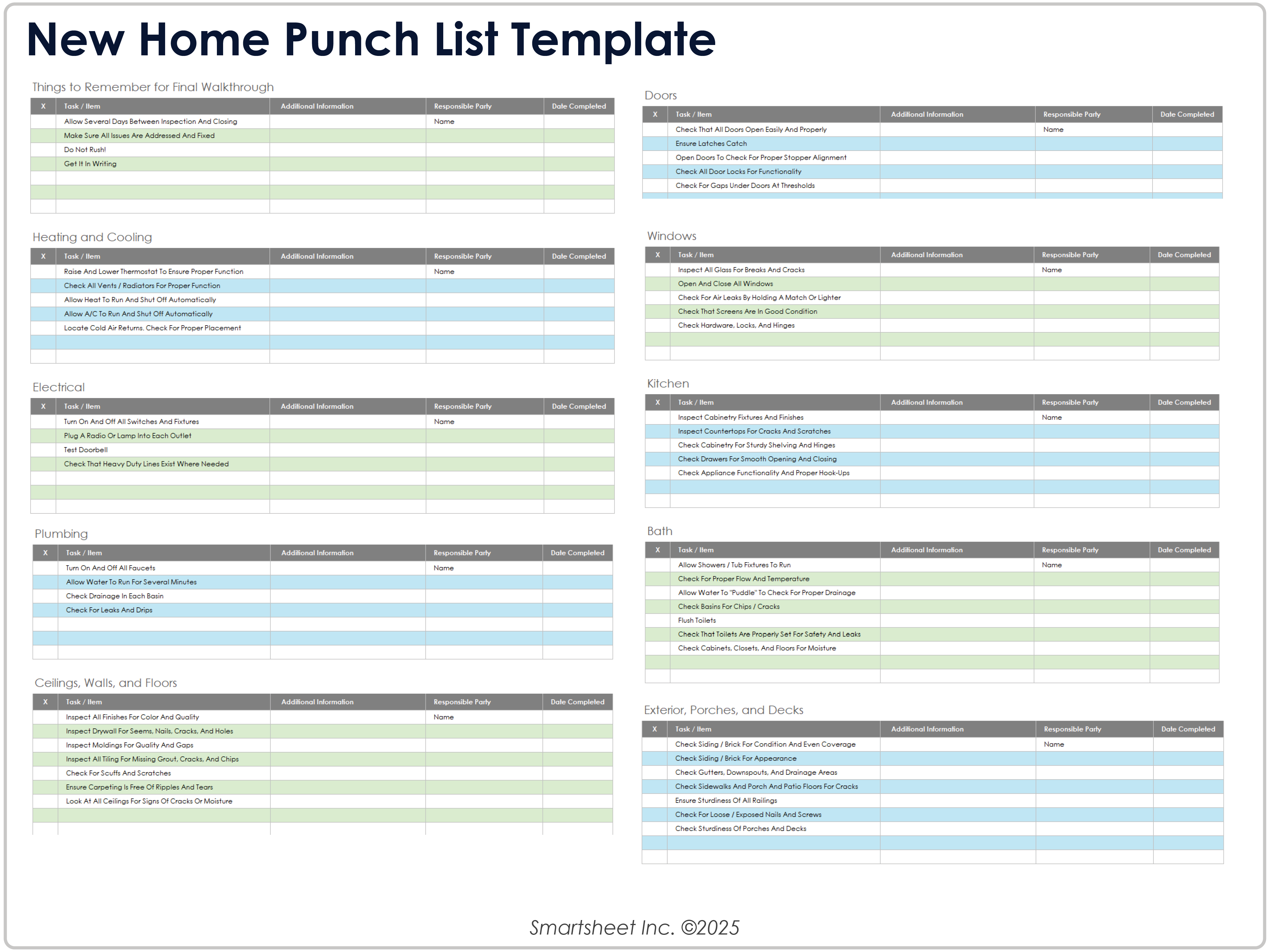 New Home Punch List Template