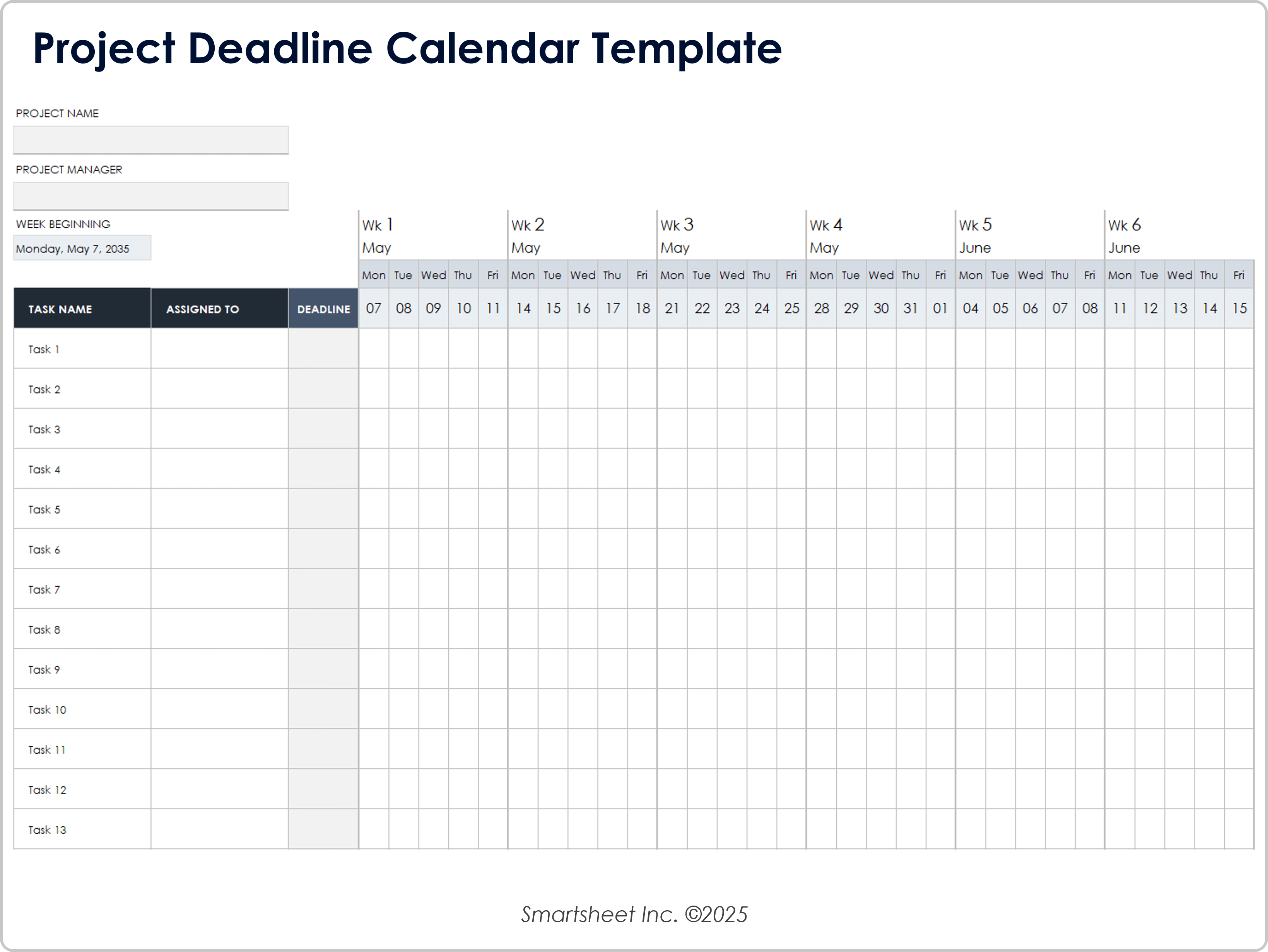 Project Deadline Calendar Template