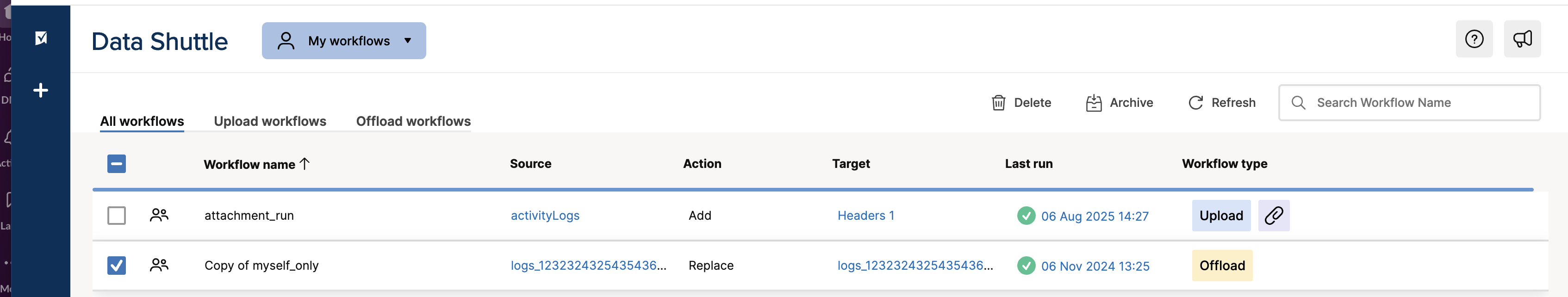 Data Shuttle Delete Workflows