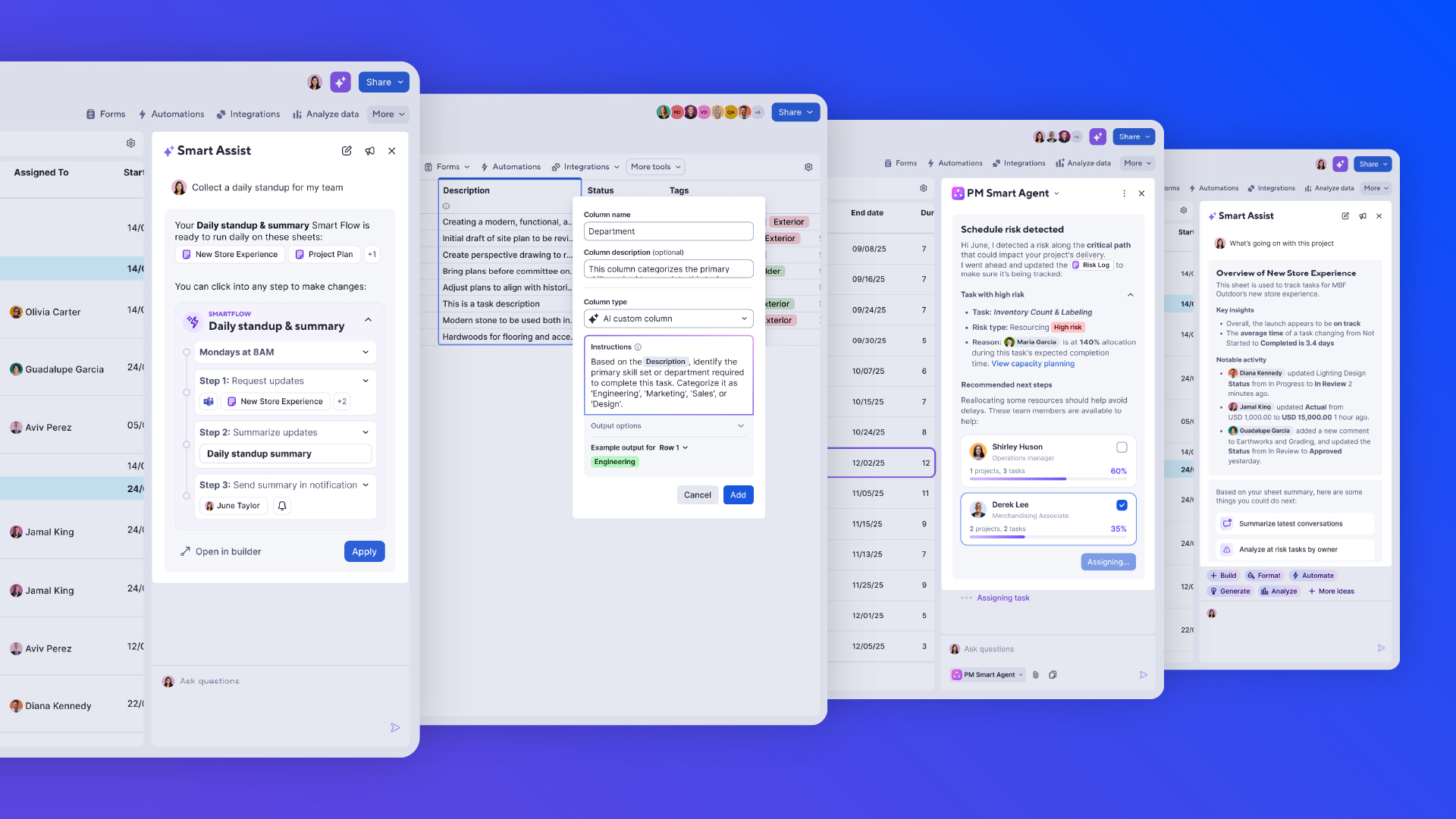 Four images of the Smartsheet platform's AI features on top of a gradient background of blue and purple 