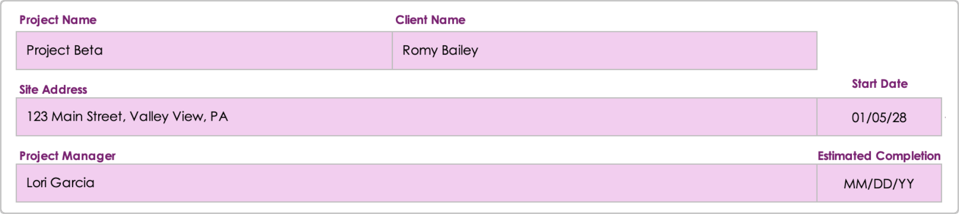 Residential Construction Schedule Template Project Information