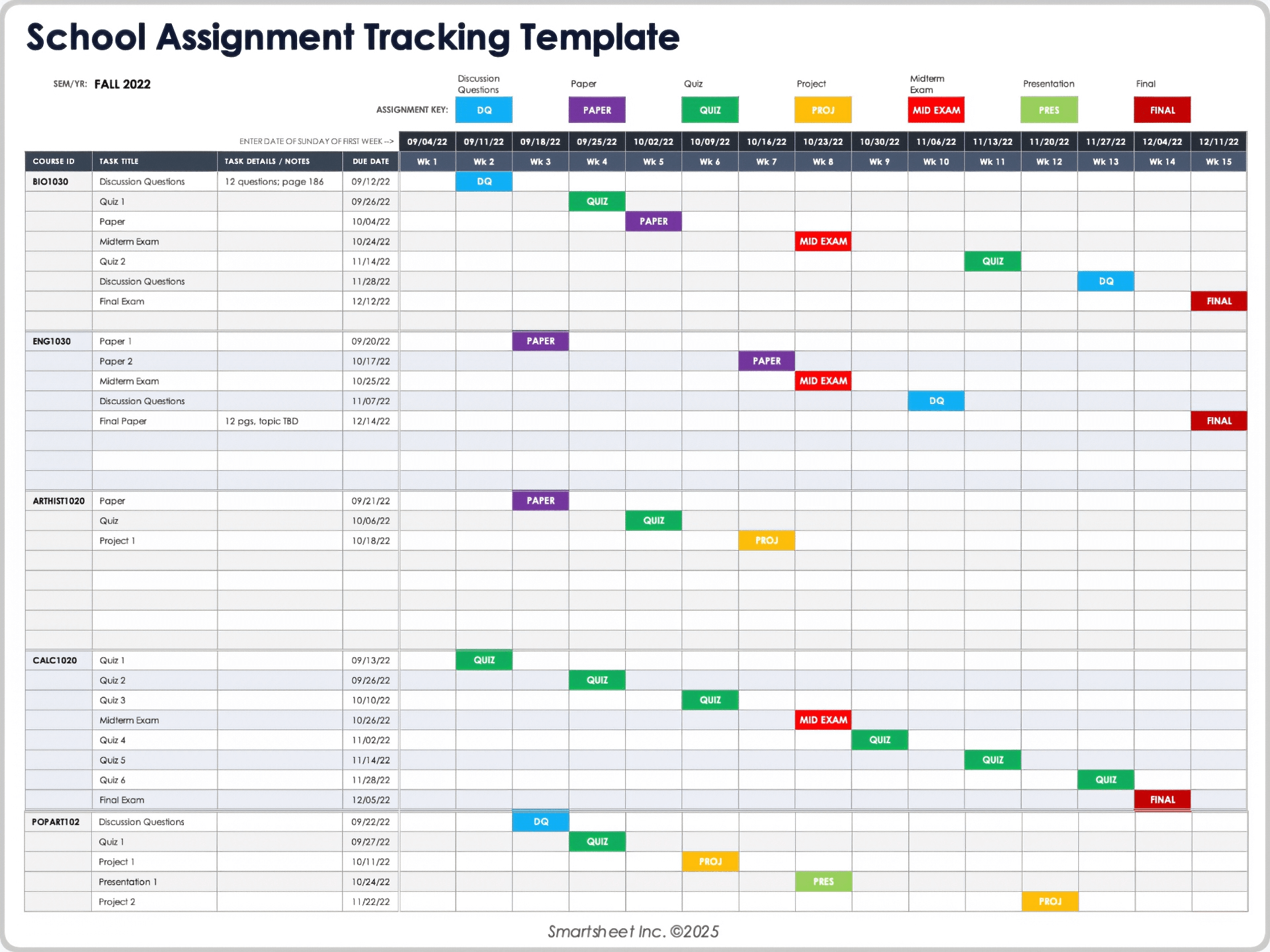 School Assignment Tracking Template