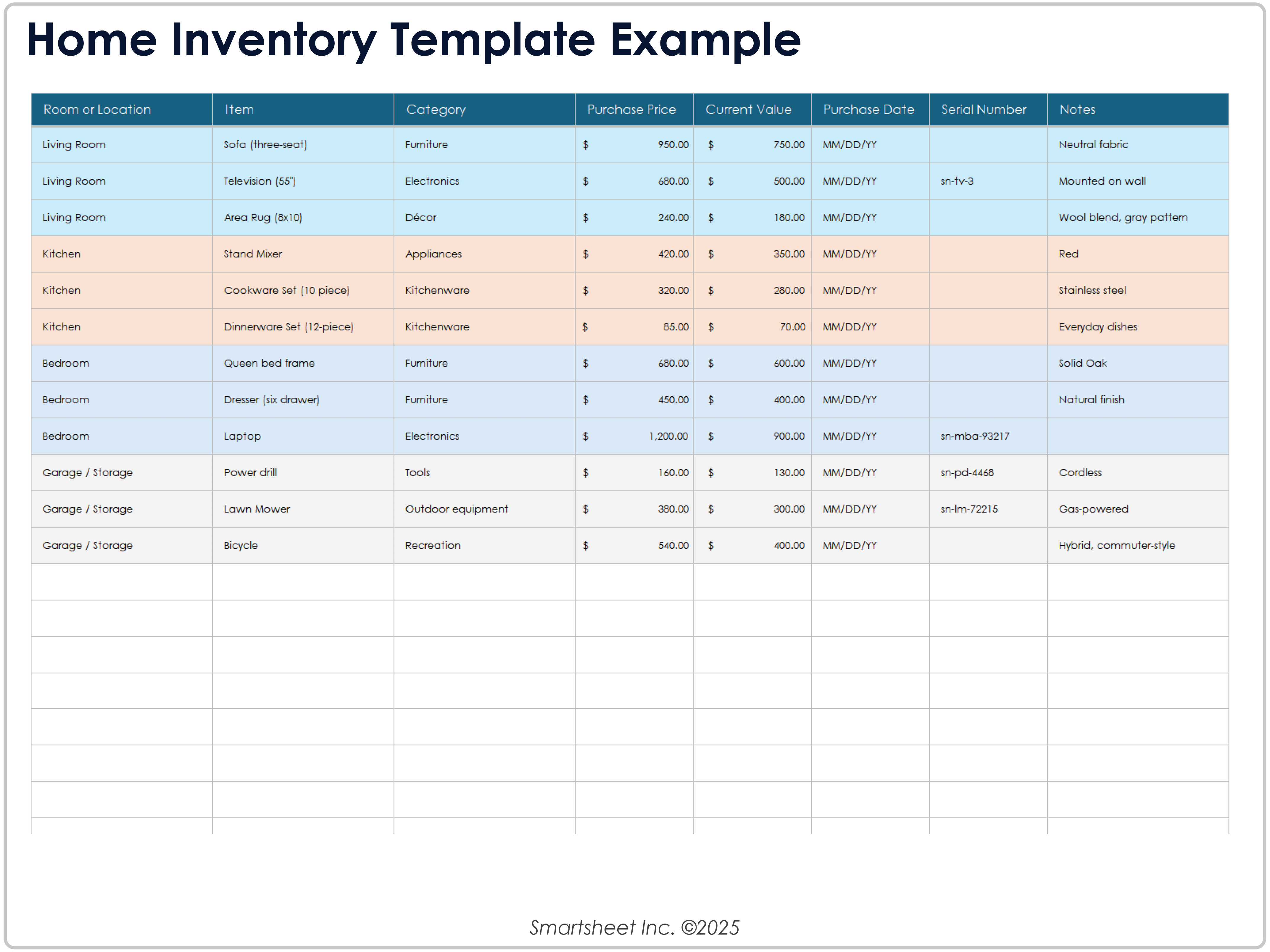 Home Inventory Template Example