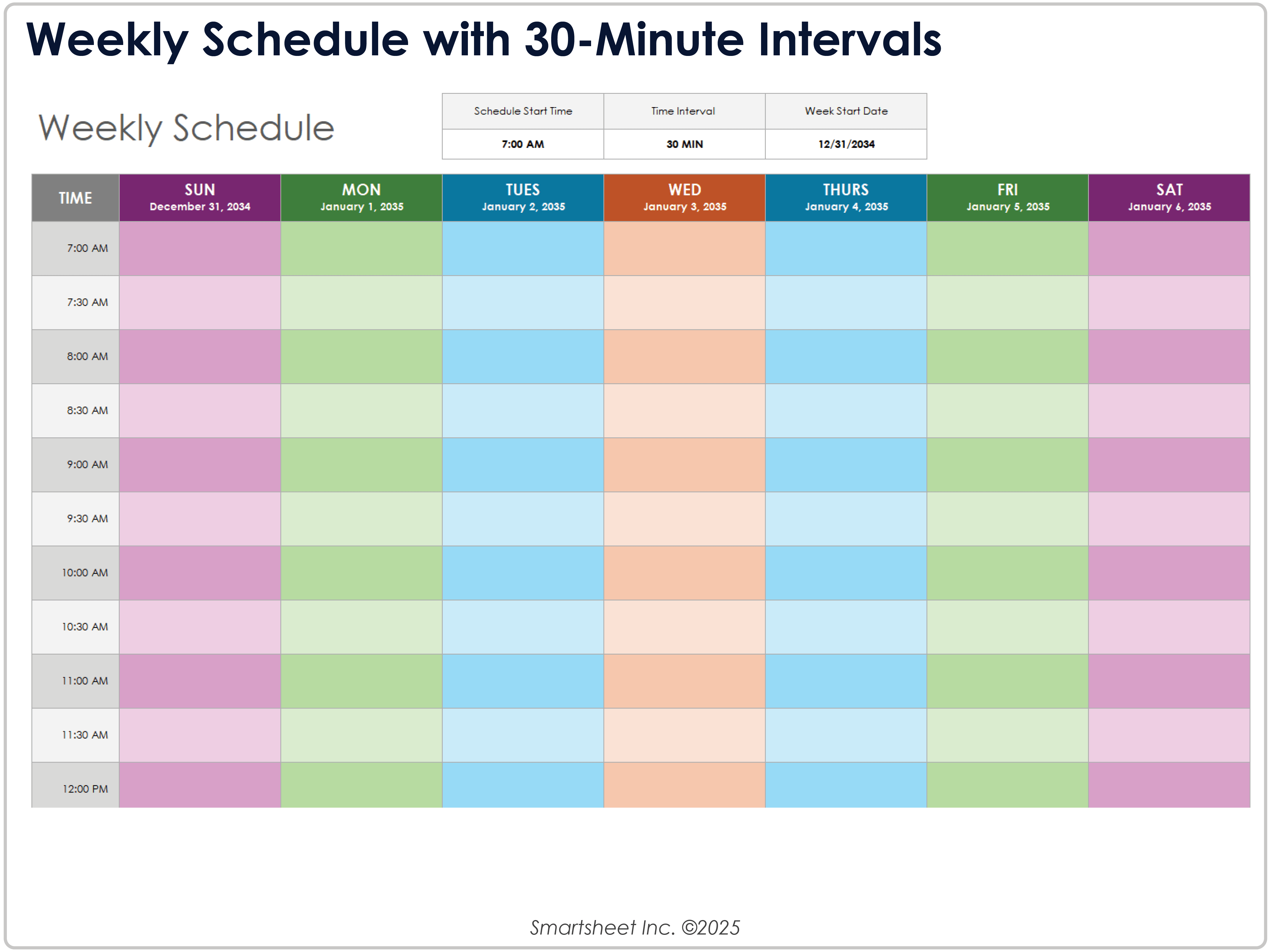 Weekly Schedule with 30 Minute Intervals