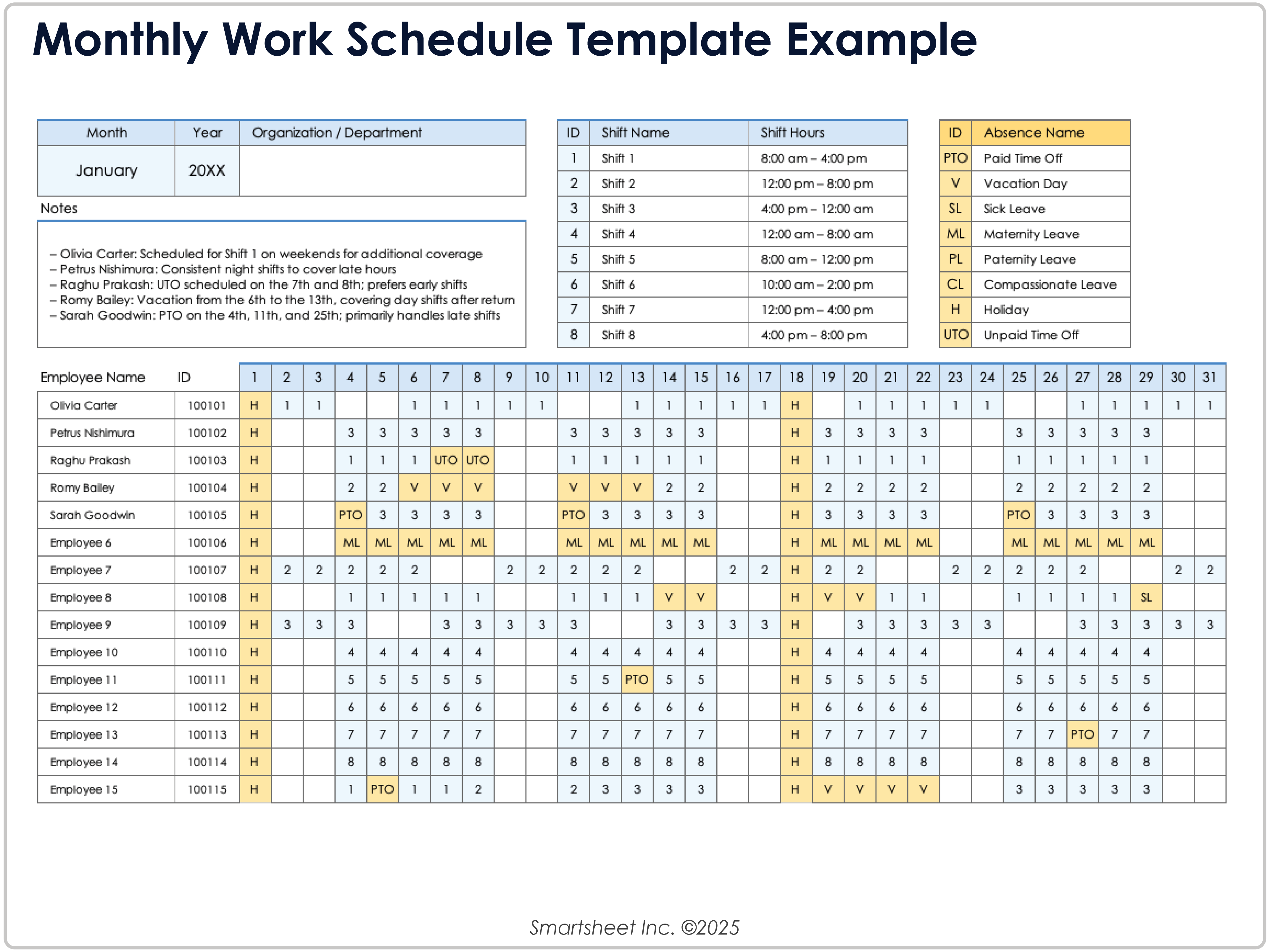 Monthly Work Schedule Template Example