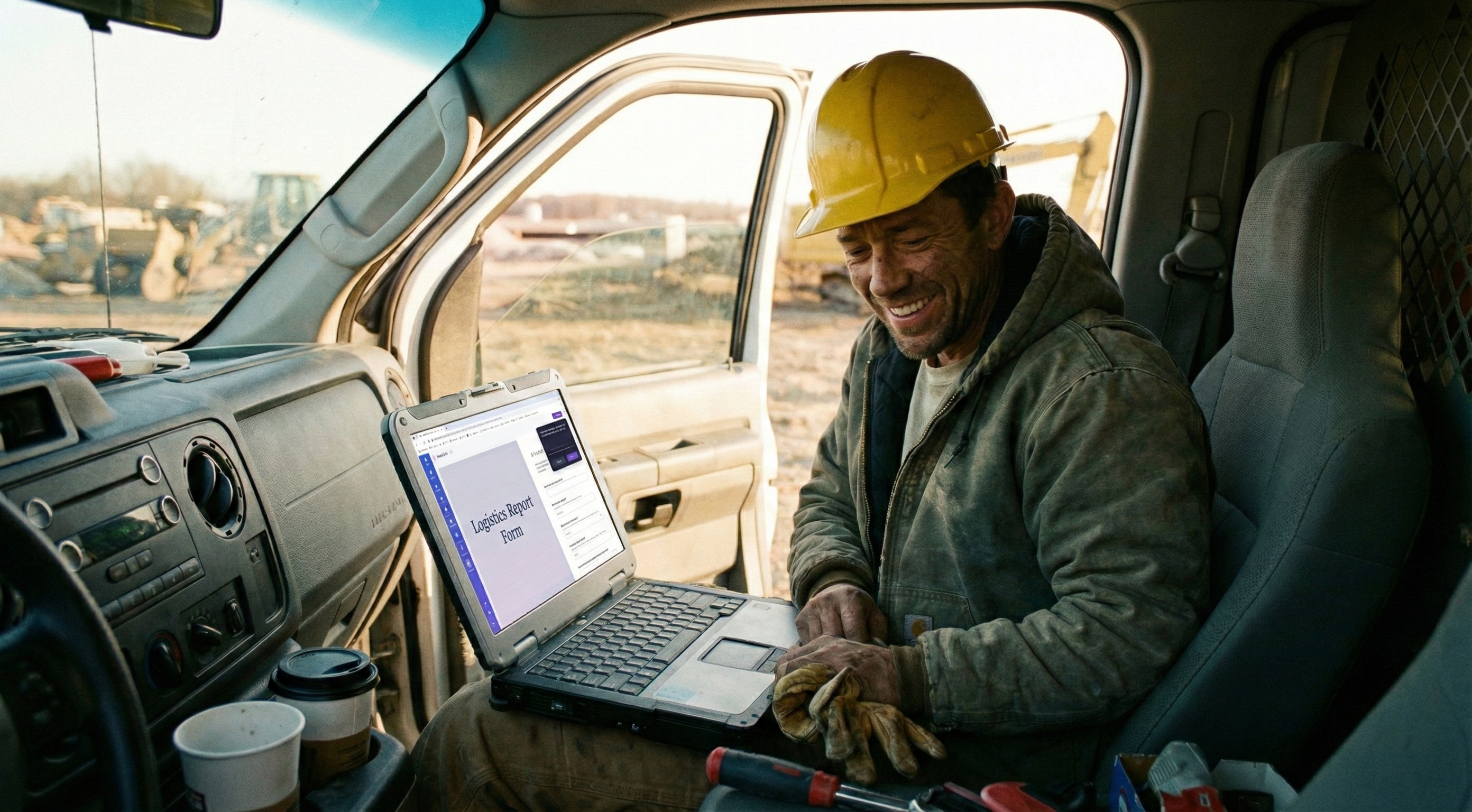 Construction worker speaking into Smartsheet form fill in a car at a jobsite.