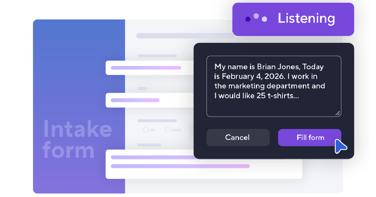 Smartsheet product screen of voice to text intake form fill