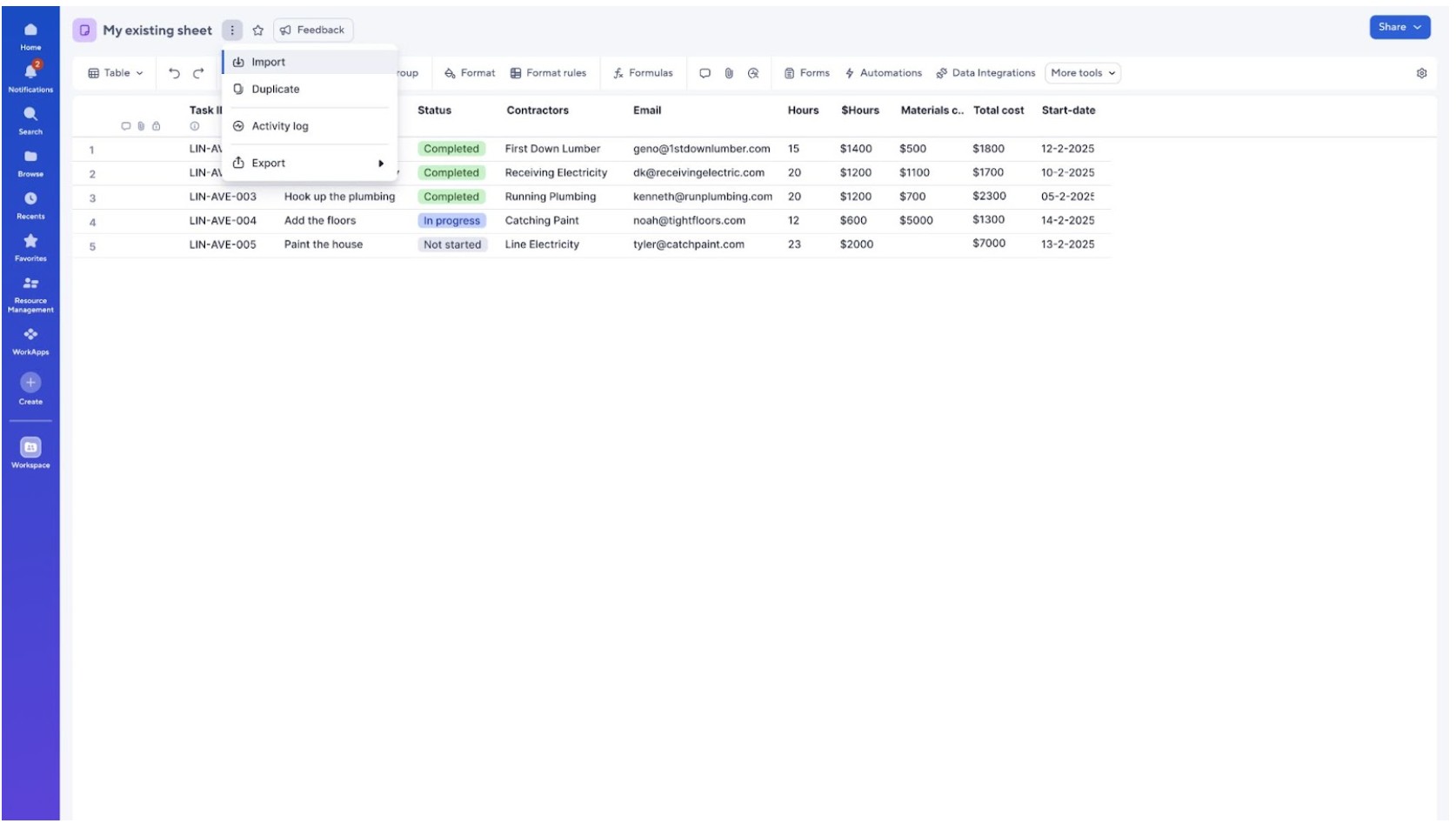 Import data directly into existing sheets in table view