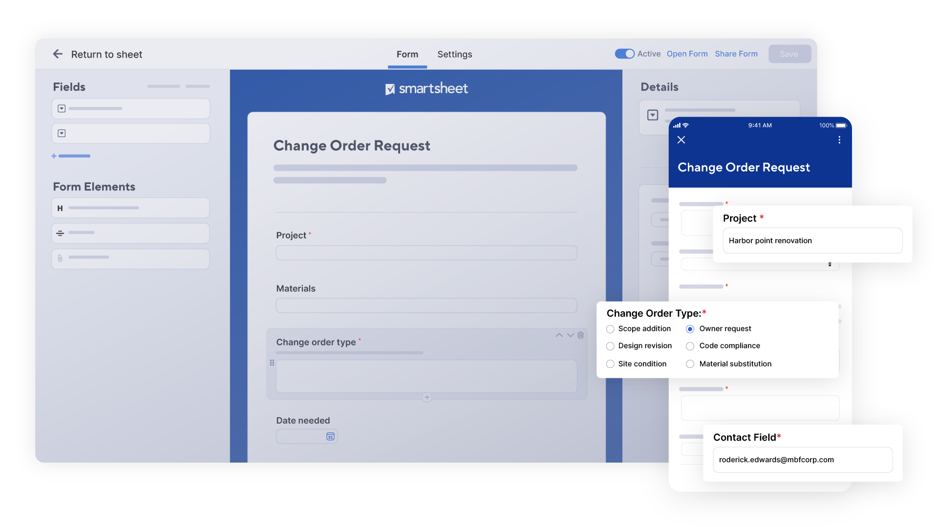 Smartsheet mobile form, change order request for construction
