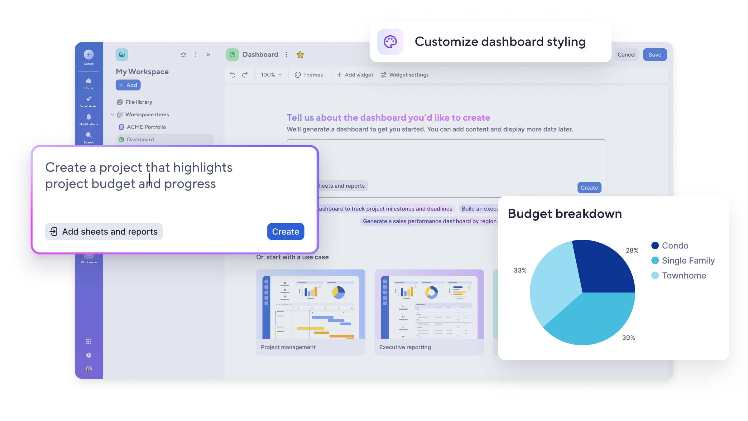 Dashboard builder product screen