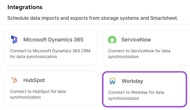 Workday tile in the Integrations panel, in the bottom right of a grid of integration tiles, below ServiceNow and next to HubSpot