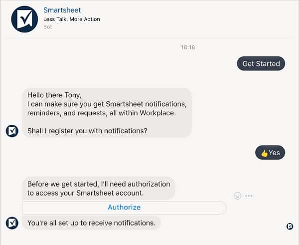 Authorize Smartsheet for Workplace by Facebook
