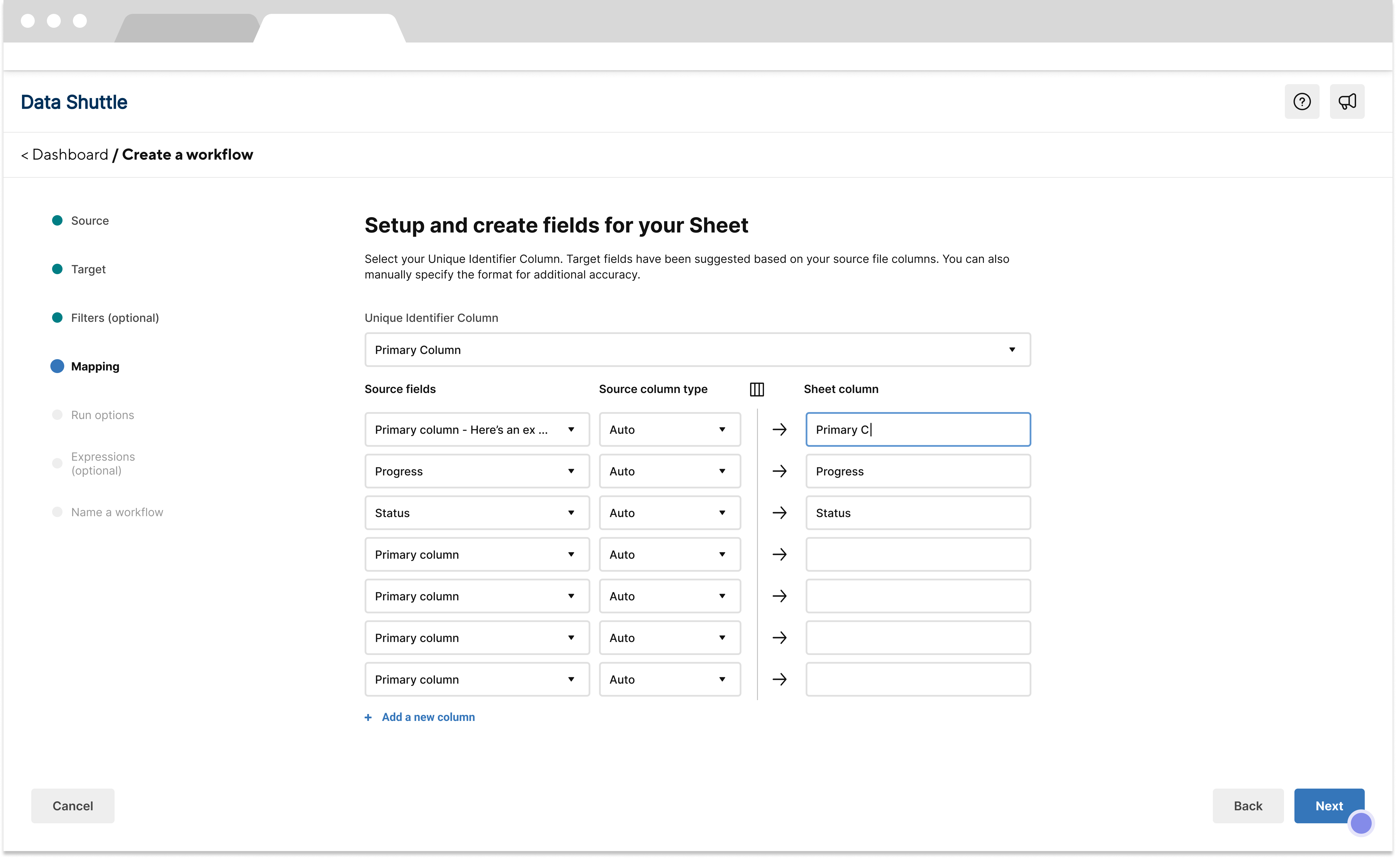 Select and create fields for your sheet