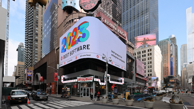 Smartsheet win on display on a billboard in Times Square, NY.