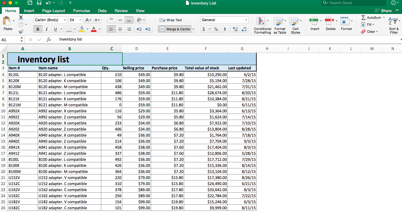 Inventory list spreadsheet Excel
