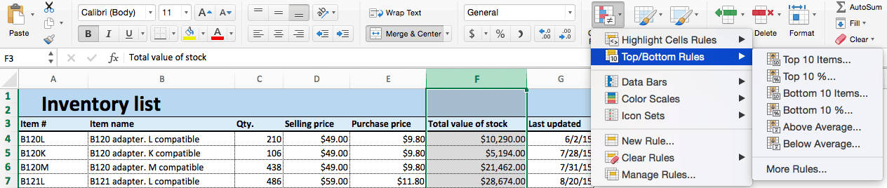 Conditional formatting top bottom rules Excel