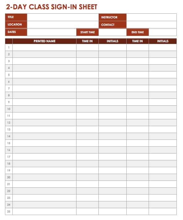 2-Day Class Sign-in Sheet Template