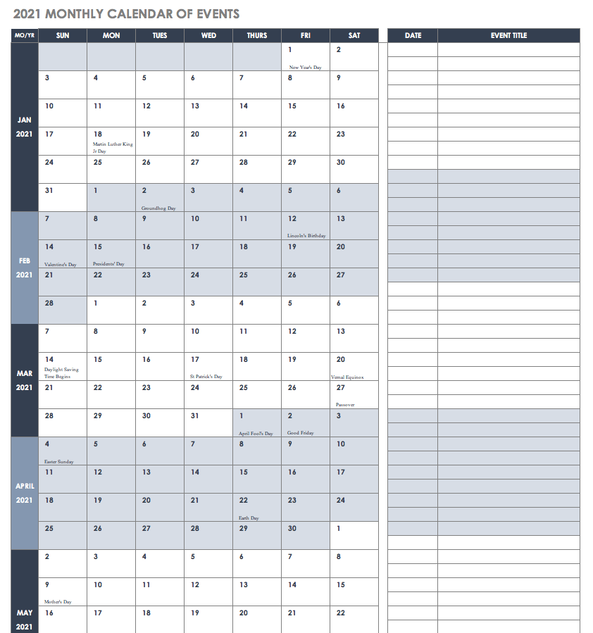 2021 Monthly Calendar of Events Template